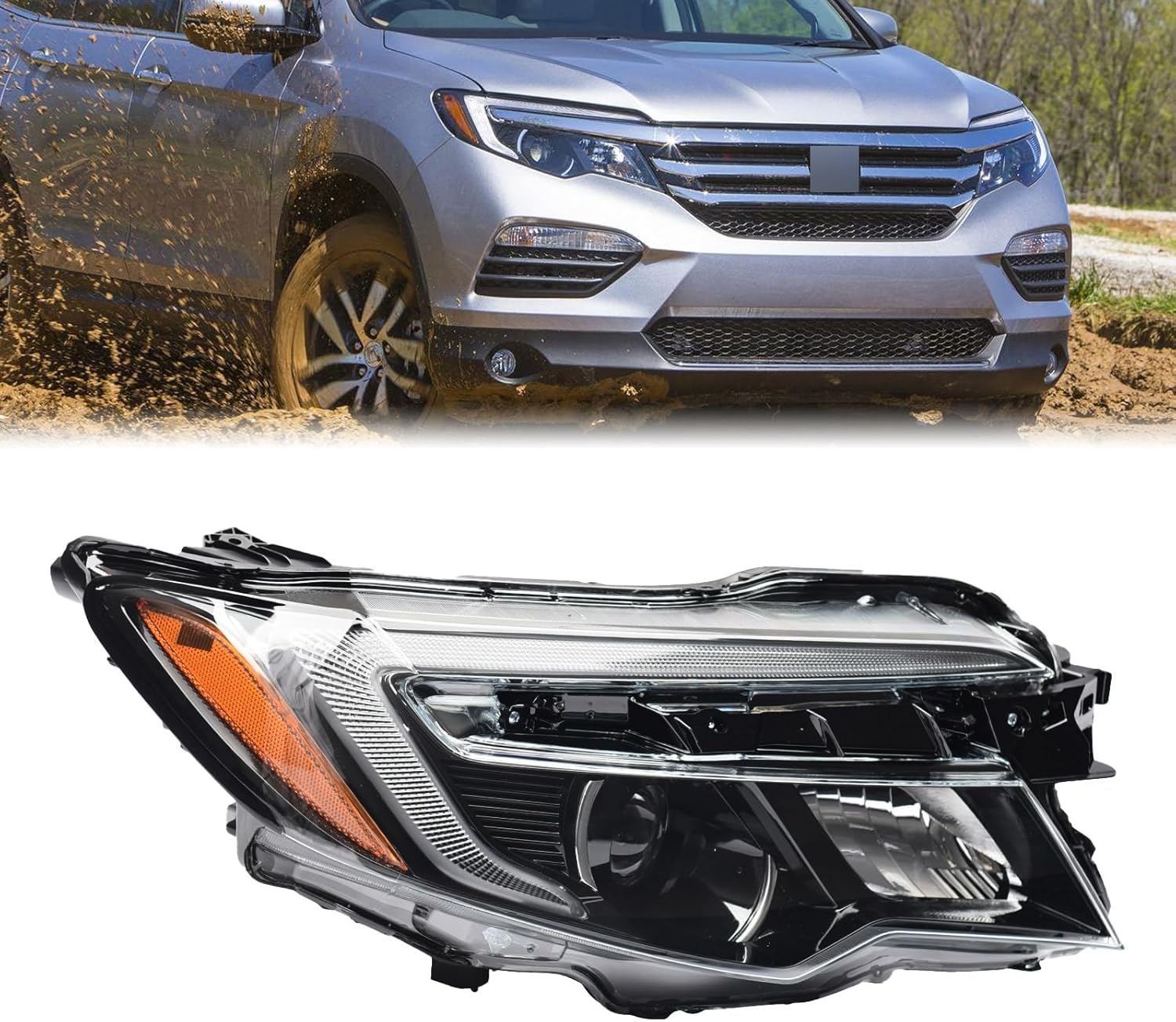 LED Headlight Assembly w/DRL For 2016-2021 Honda Pilot 2017-2021 Ridgeline LED Low Beam & Halogen High Beam (Passenger Right Side)