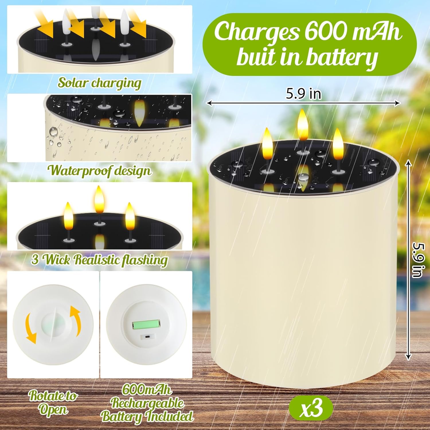 Rossesay 3 Pack Solar Large Flameless Candles with 3 Wicks, 5. 9 x 5. 9 Waterproof Outdoor LED Pillar Candles, Battery Operated Jumbo Flickering Candlestick for Home Patio Church Lanterns, Ivory