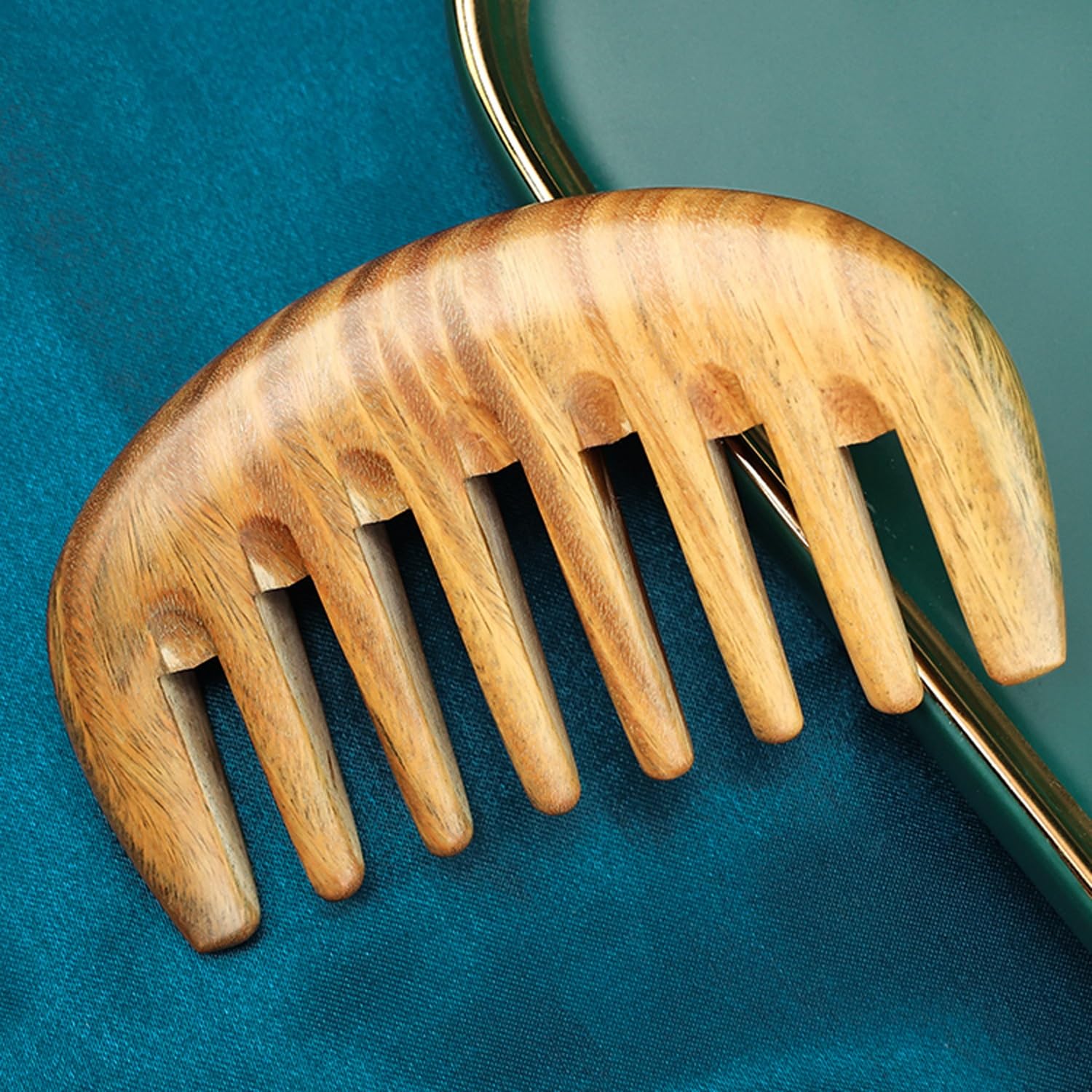 Peine de Pelo portátil, Peine de Masaje antiestático, Peine de sándalo Verde de Dientes Anchos, Peine de Madera semicircular desenredante