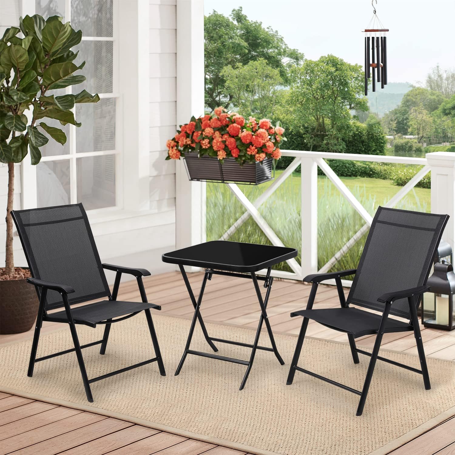 MoNiBloom 3 Piece Patio Bistro Dining Furniture Set, 2 Foldable Chairs and Round Table w/Tempered Glass Tabletop for Lawn Garden Backyard : Everything Else