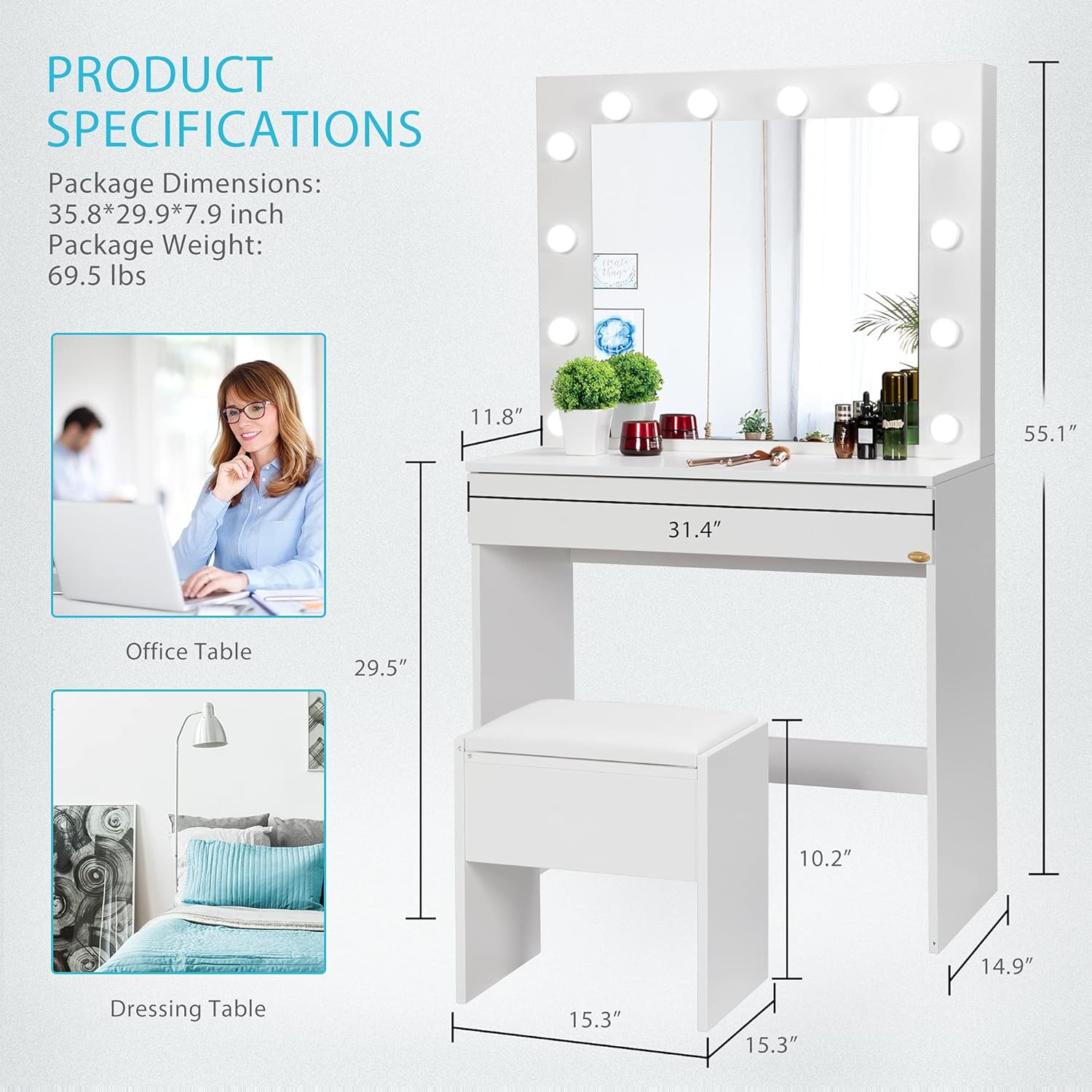 Diagram showing the dimensions of the VIVOHOME Vanity Set