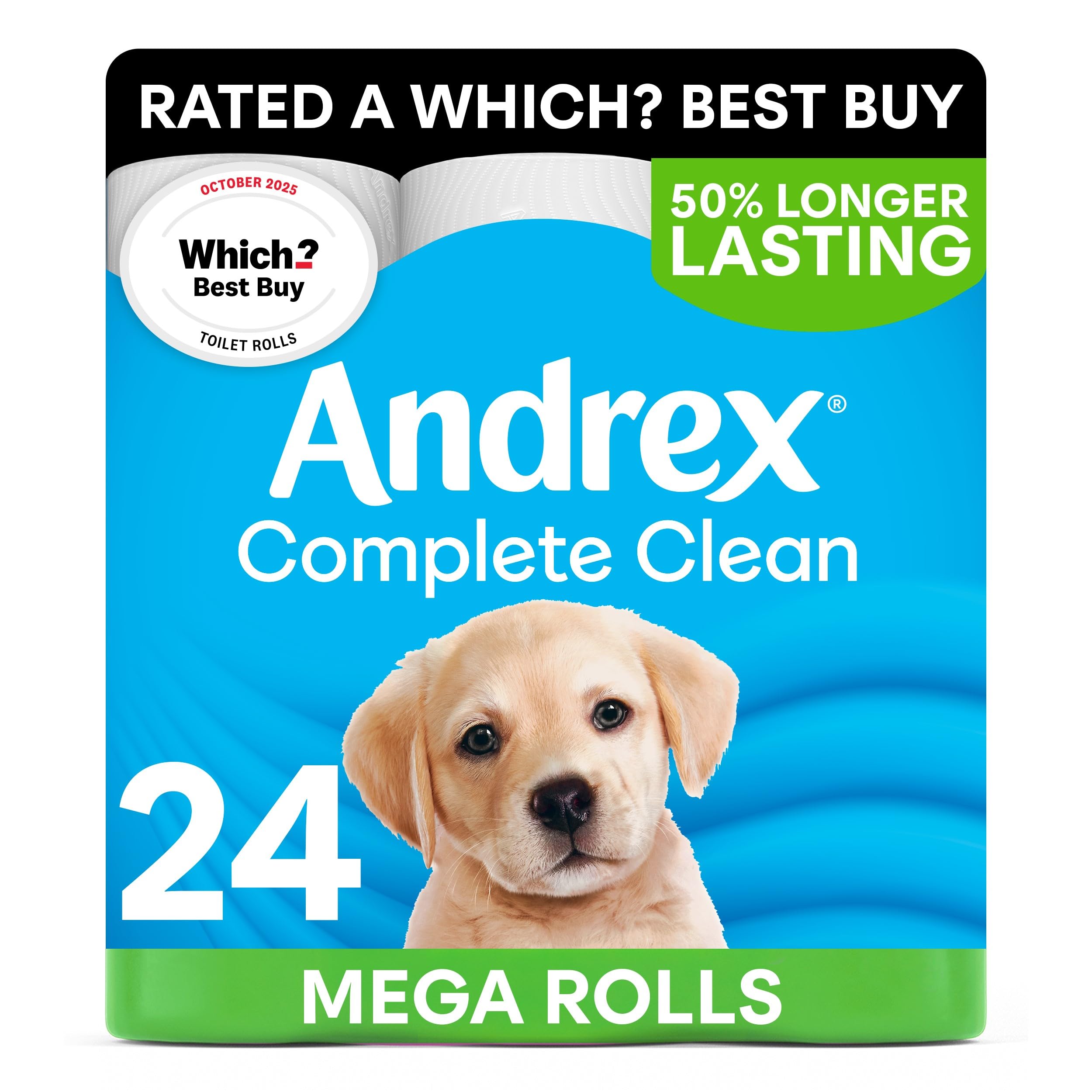 Andrex Complete Clean Toilet Roll - 24 Mega Toilet Rolls (=36 Standard Toilet Rolls), 2-Ply, Bulk Buy, Now Even Softer, FSC Certified, Endorsed as a Which? Best Buy