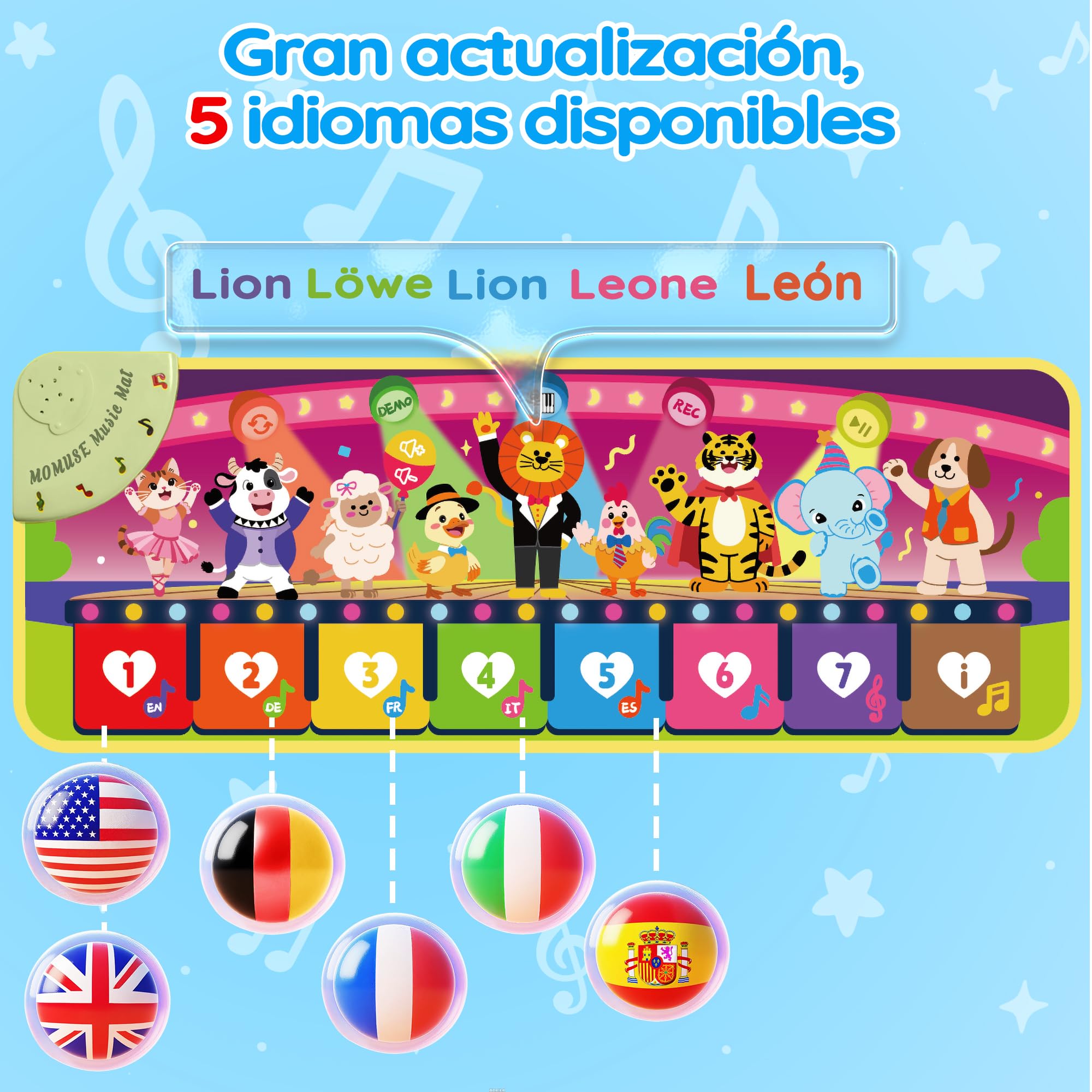 MOMUSE Alfombra Musical 5 Idiomas (ES/DE/FR/IT/EN), Juguetes Niños 1 Año, Piano Infantil Multilingüe con 9 Animales, Portátil, Ligero, Regalo Na-vidad/Cumpleaños para Bebe Niñas Niños 1 2 3 4 Años