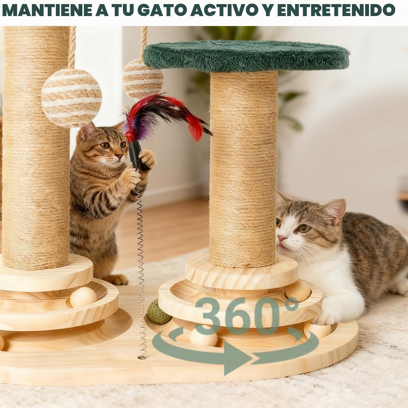 Juguete 6-en-1 para gatos de autoentrenamiento de madera, rascador para gatos, juguete con hierba gatera, muebles para gatos con pista de bolas giratoria, plumas, bolas, cuerdas de yute y cuerda de