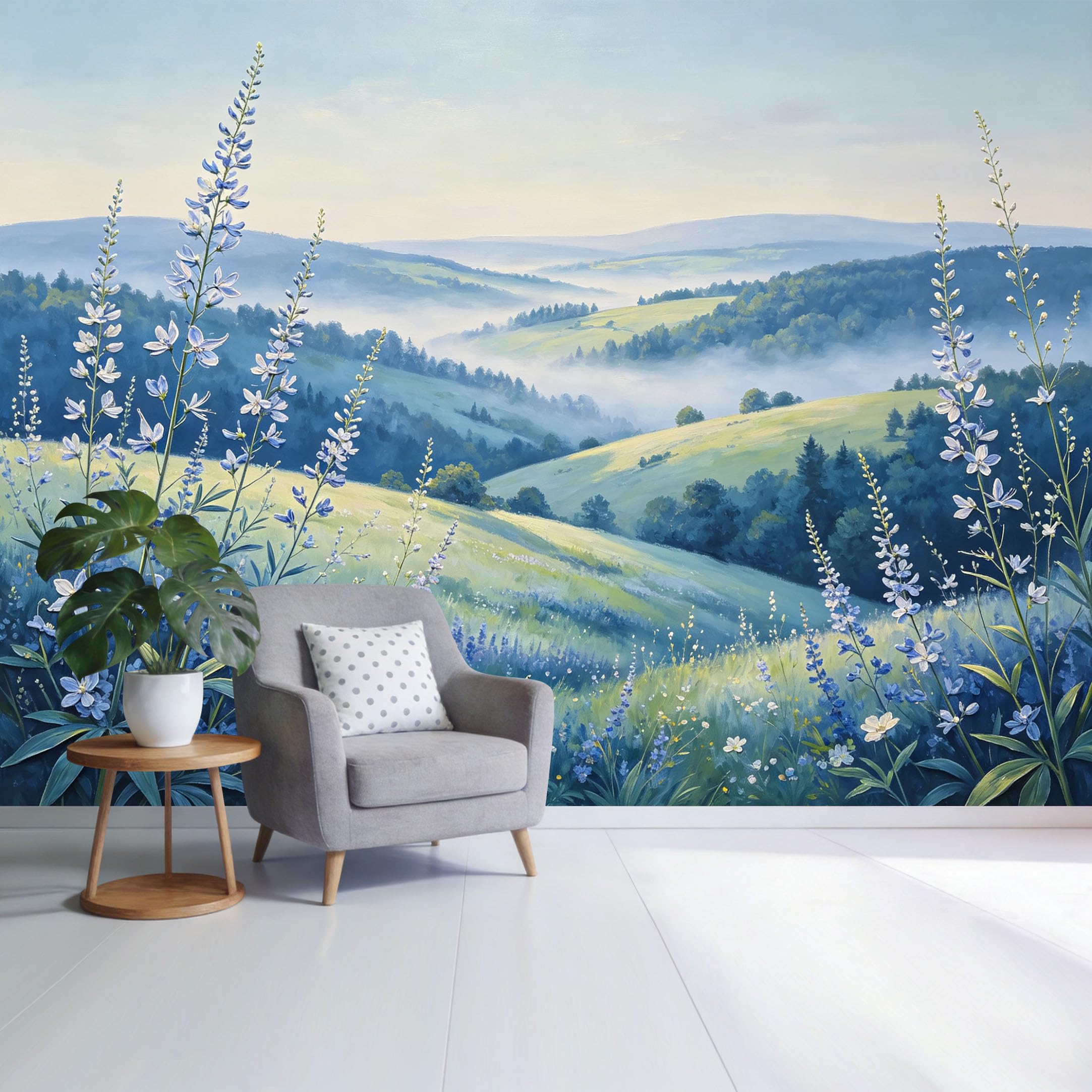 Custom Size Wall Mural Misty Mountain Valley Landscape Blue Wildflower Field Botanical Nature Scenery SelfAdhesive Wall Fabric Removable Wallpaper for Home Office Decor