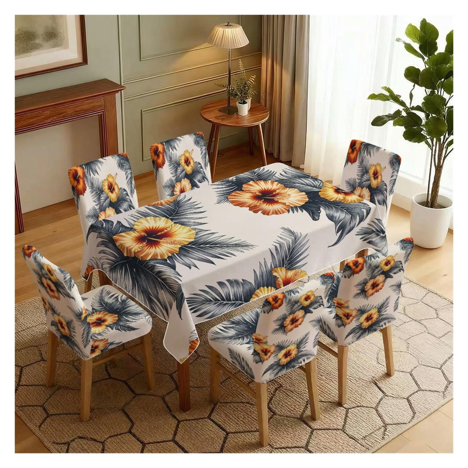 BOSUYBN Tropical Hibiscus Palm Leaf Dining Tablecloth & Chair Covers Set, 5/7 Piece Retro Summer Boho Exotic Dining Room Decor Table Setting(7pcs Set: Tablecloth+Chair Covers)