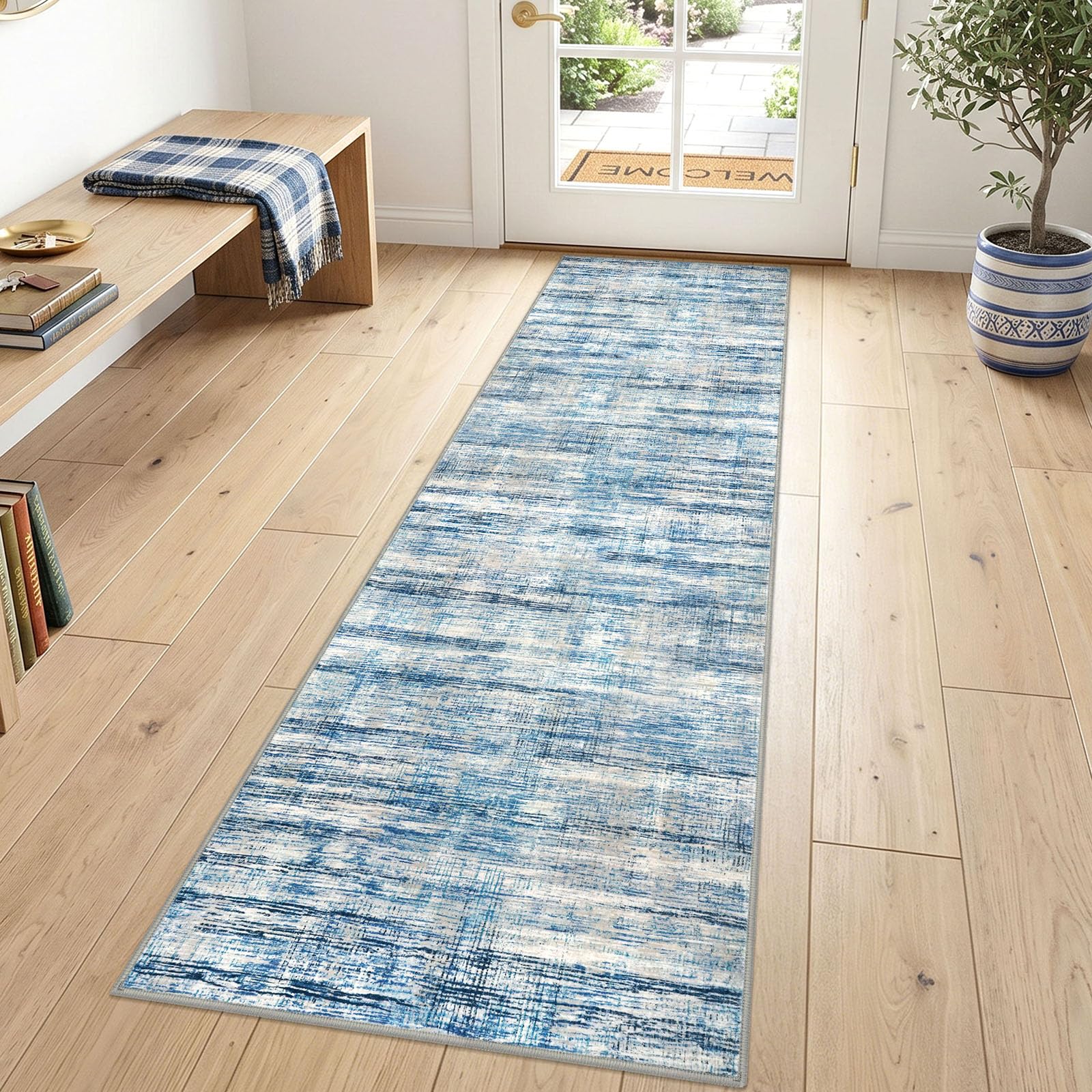 KOZYFLY Modern Washable Rug Runner 2x7 Hallway Runner Rug Blue Beige — image 1