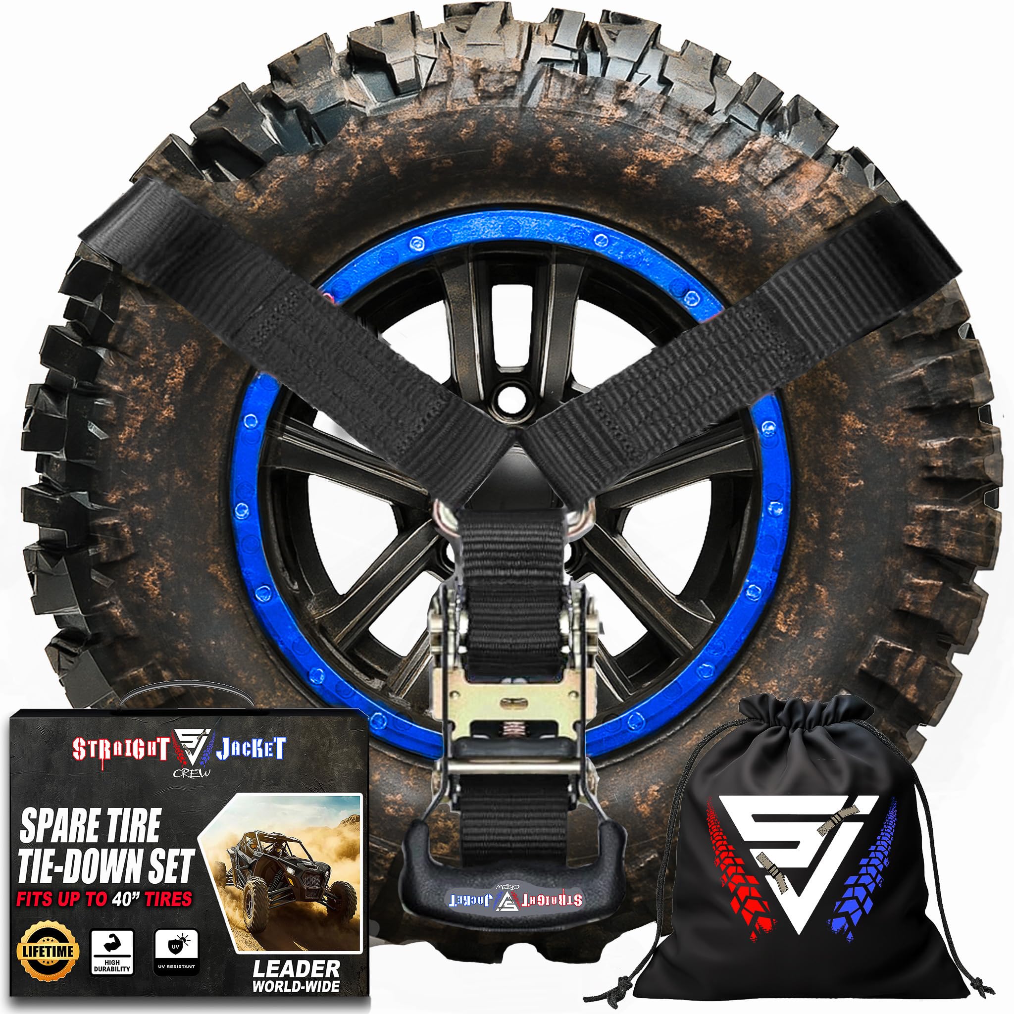 Y Strap for Spare Tire - Heavy Duty Spare Tire Strap for UTV, Offroad Accessories & Roof Rack, 3 Way Ratchet Strap Tie Down- 1.6" Wide, Can Secure Up to 40" Tire by Straight Jacket Crew (Black)