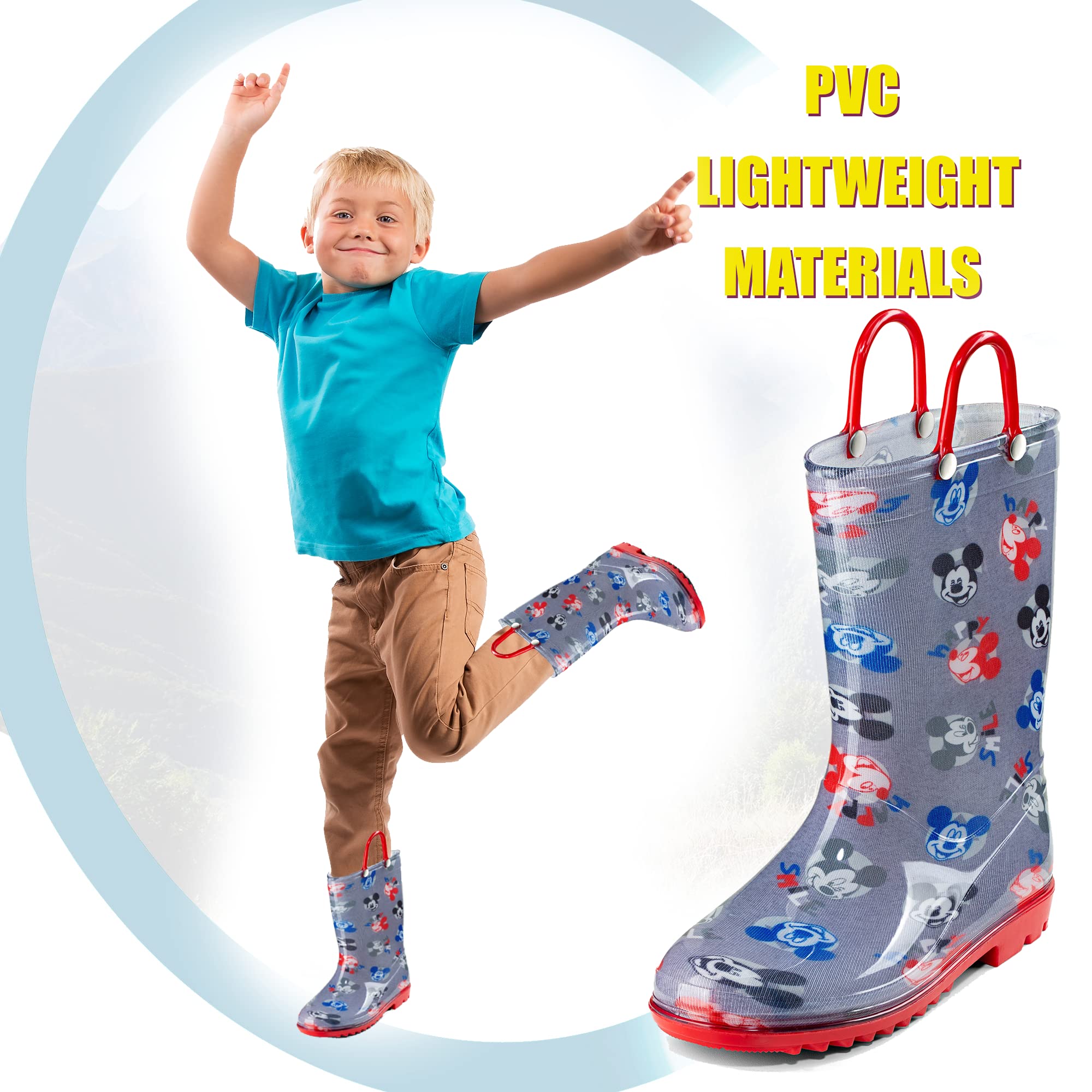 Disney Mickey Mouse - Botas de lluvia impermeables de PVC con asas para niños pequeños y niños pequeños