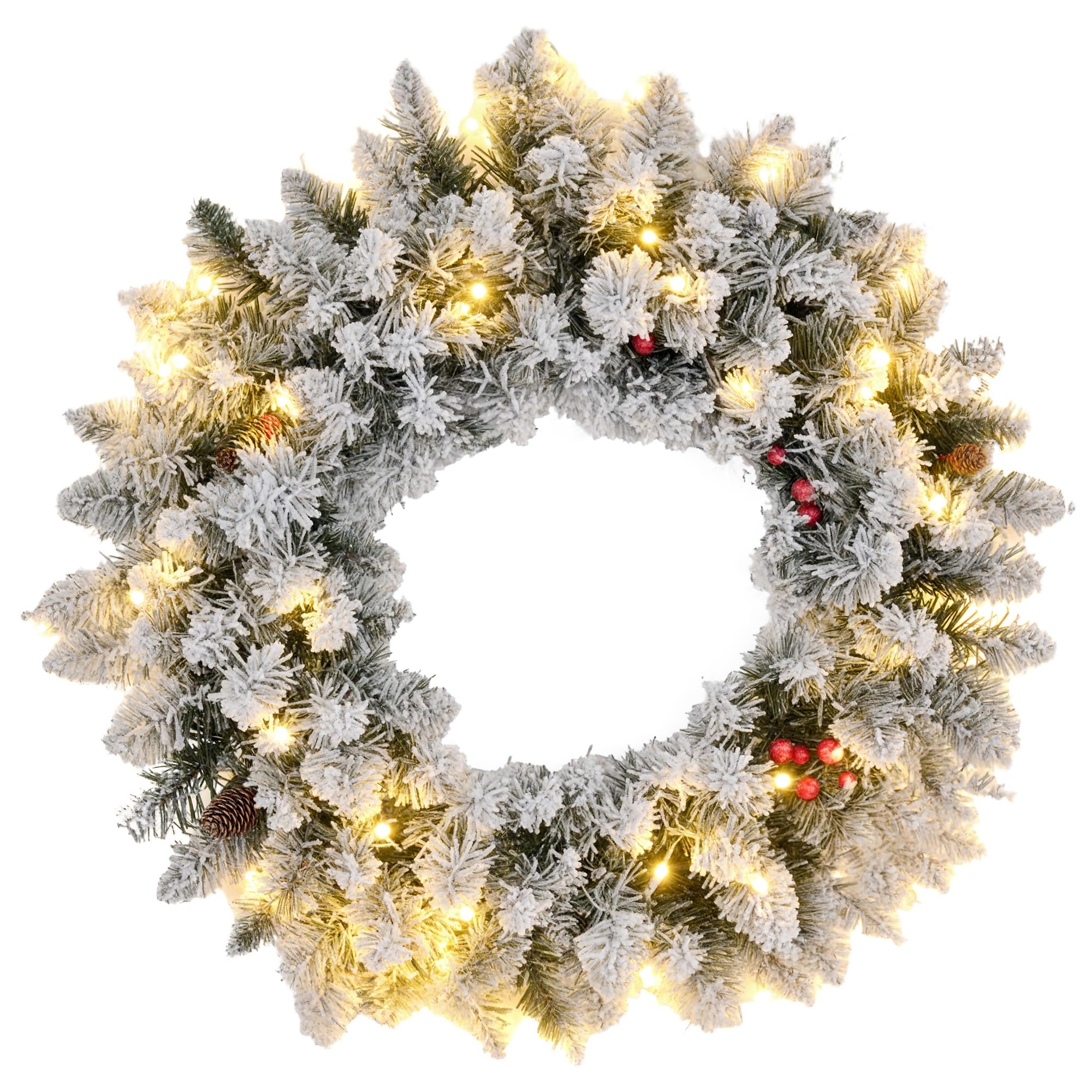 HOMCOM Corona de Navidad Puerta Helada Artificial 60CM Decoración de Navidad Luminosa con Piñas y Bayas Rojas, Luces LED y Temporizador, para Puerta, Ventana o Chimenea, Verde