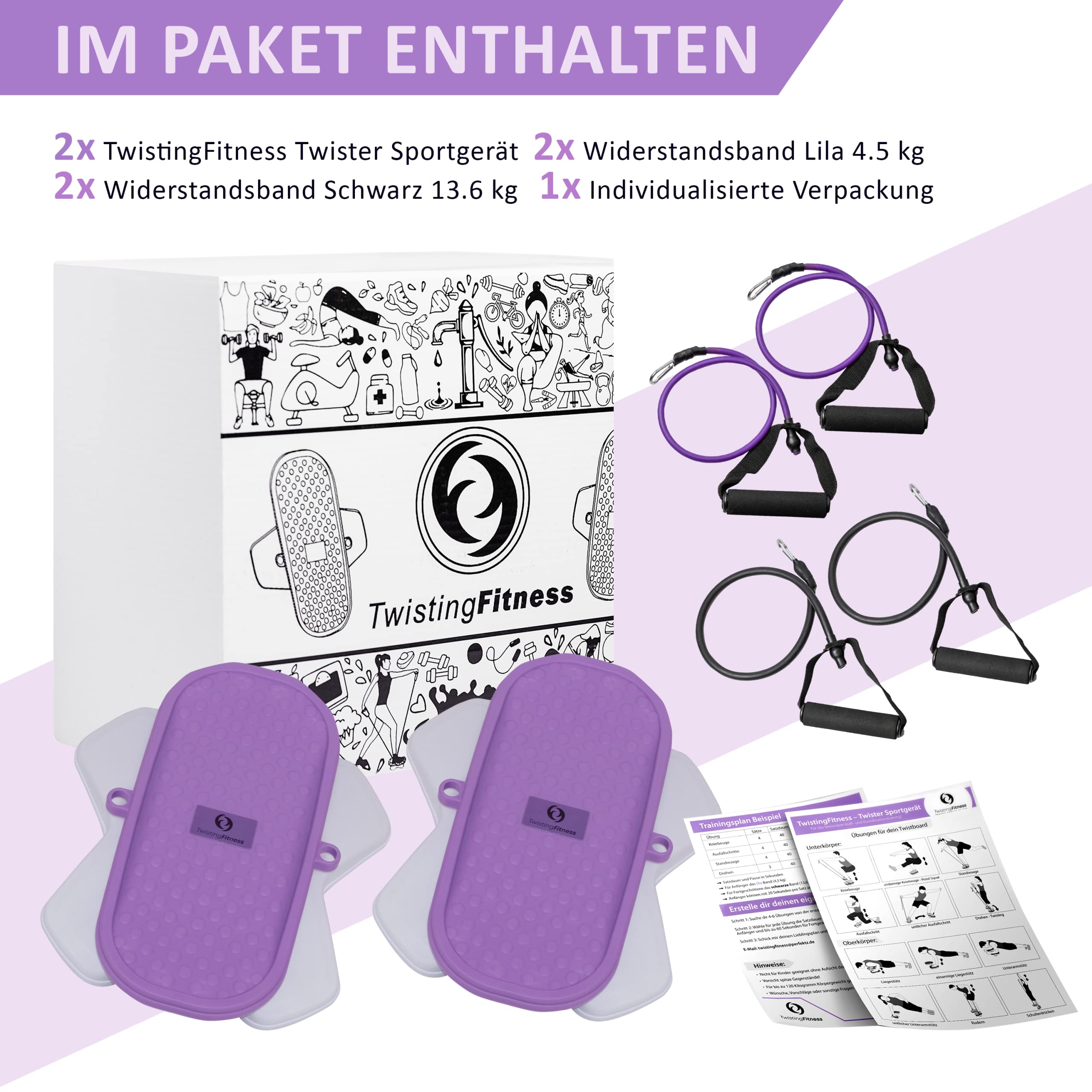 Taillentwister 2er Set- Individueller Trainingsplan - Video Für Anfänger & Fortgeschrittene - Verschiedene Bänder & Schwierigkeiten - Ein- & Beidbeinig - Twist Board Abnehmen Geräte