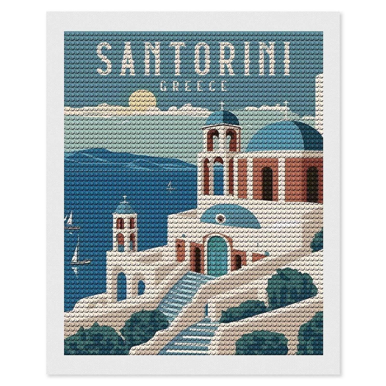 Junmoney Santorini Greece Travel(3) Diamond Painting Set 16"x20", Neat Printed Canvas, with Tool Kit, Bedroom Decor, Gift Idea, Complete Accessories