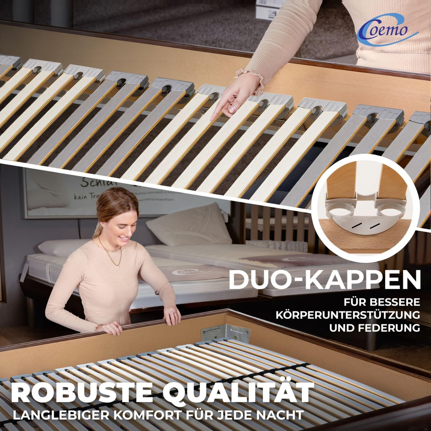Coemo EasyLat Starr Lattenrost 90x200 cm – 5-Zonen Lattenrahmen mit 28 Federholzleisten, Stabiler Mittelgurt für optimale Unterstützung, geräuscharm, langlebig passend für viele Matratzen