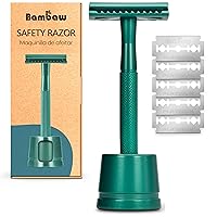 Vista 1 de Bambaw Double Edge Close Comb Safety Razor with Stand, Shaving Razor for Men with 5 Safety Razor Blades, Reusable Eco Freindly DE Metal Razor – Sea