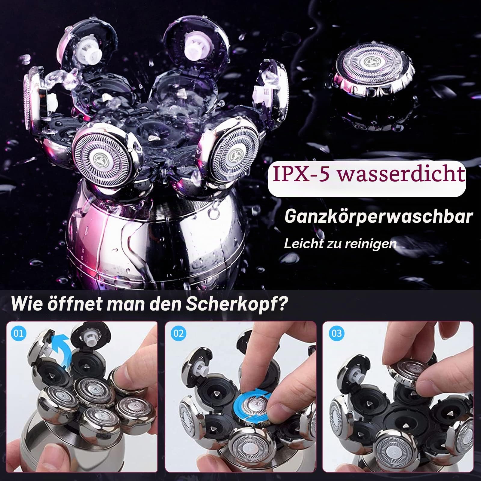 Kopfrasierer für Männer, 2 Scherköpfe, Anti-Pinch-Nass- und Trocken-Elektrorasierer mit kabelloser Ladebasis, Trimpod 3.0, der ultimative Rasierer für Männer, Frauen, und Glatze, Gesicht, Bein, Körper