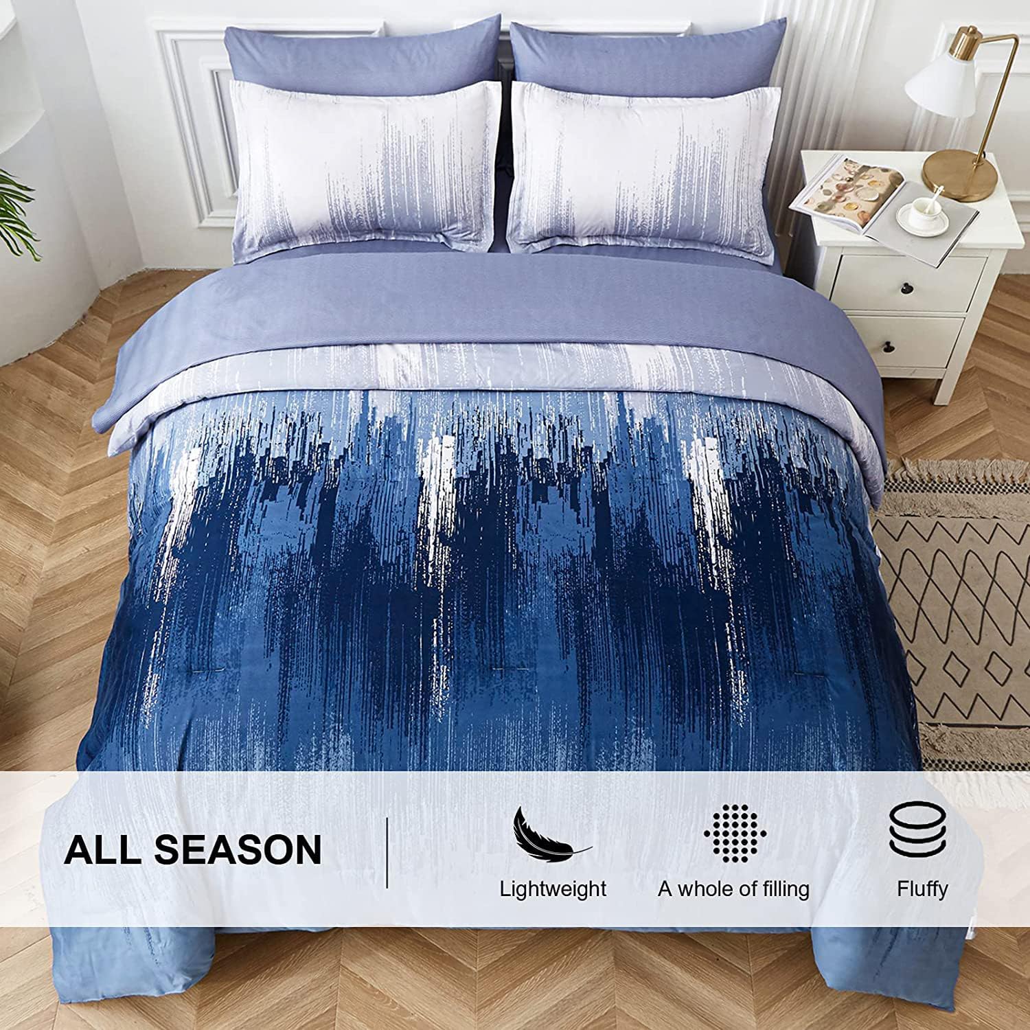 WONGS BEDDING Navy Blue Comforter Set King,7 Pieces Bed in a Bag Abstract Art Gradient Comforter Soft Microfiber Bedding Set with Comforter, Flat Sheet, Fitted Sheet, Pillow Shams,Pillowcases - Image 5