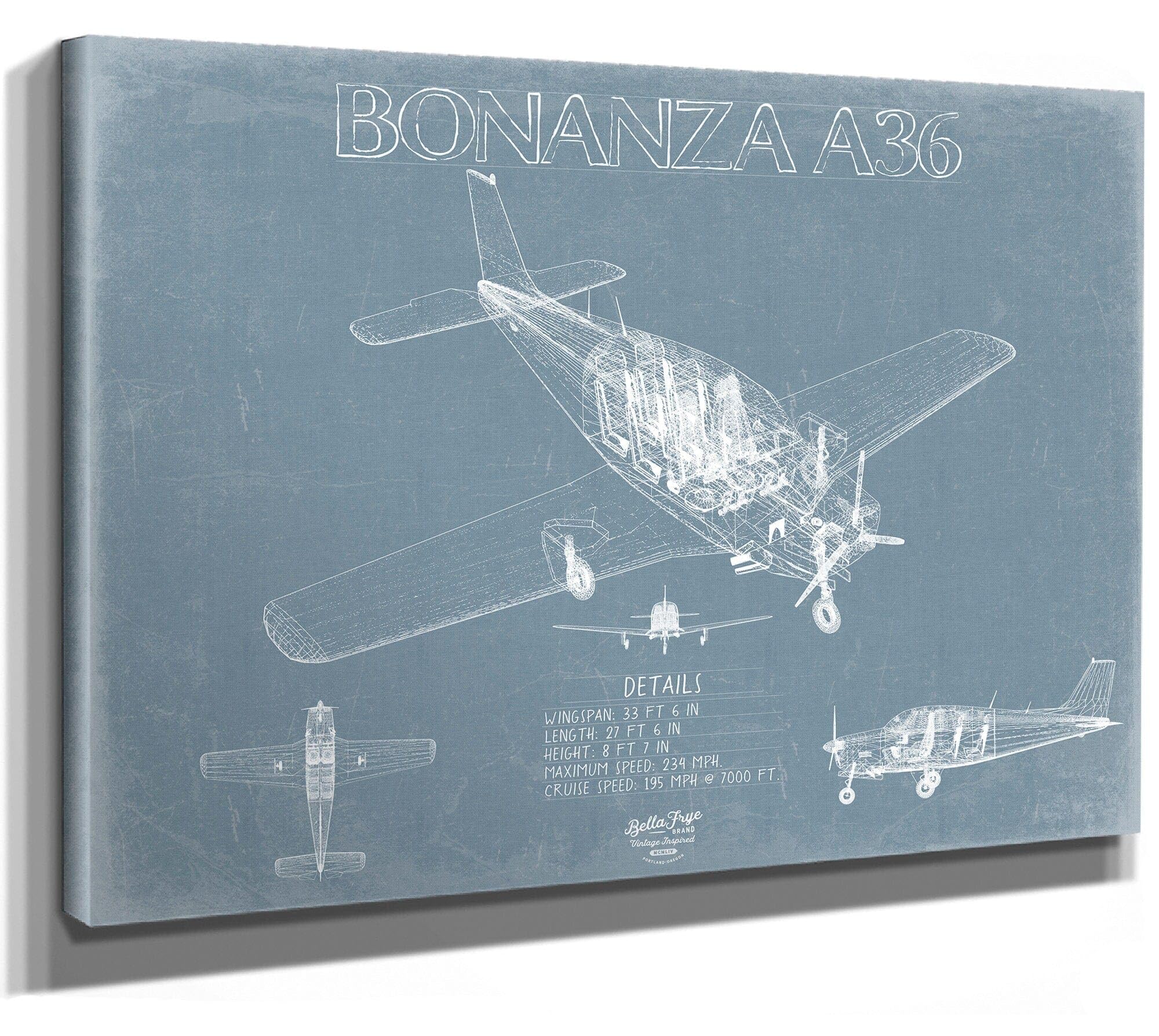 Beechcraft Bonanza A36 Aircraft Blueprint Wall Art - Original Fighter Plane Print 36" x 24" / Unframed Paper