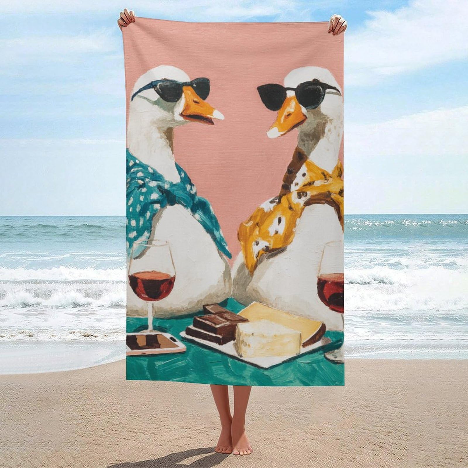 asbwuo Two White Geese Wearing Scarves and Sunglasses Beach Towel