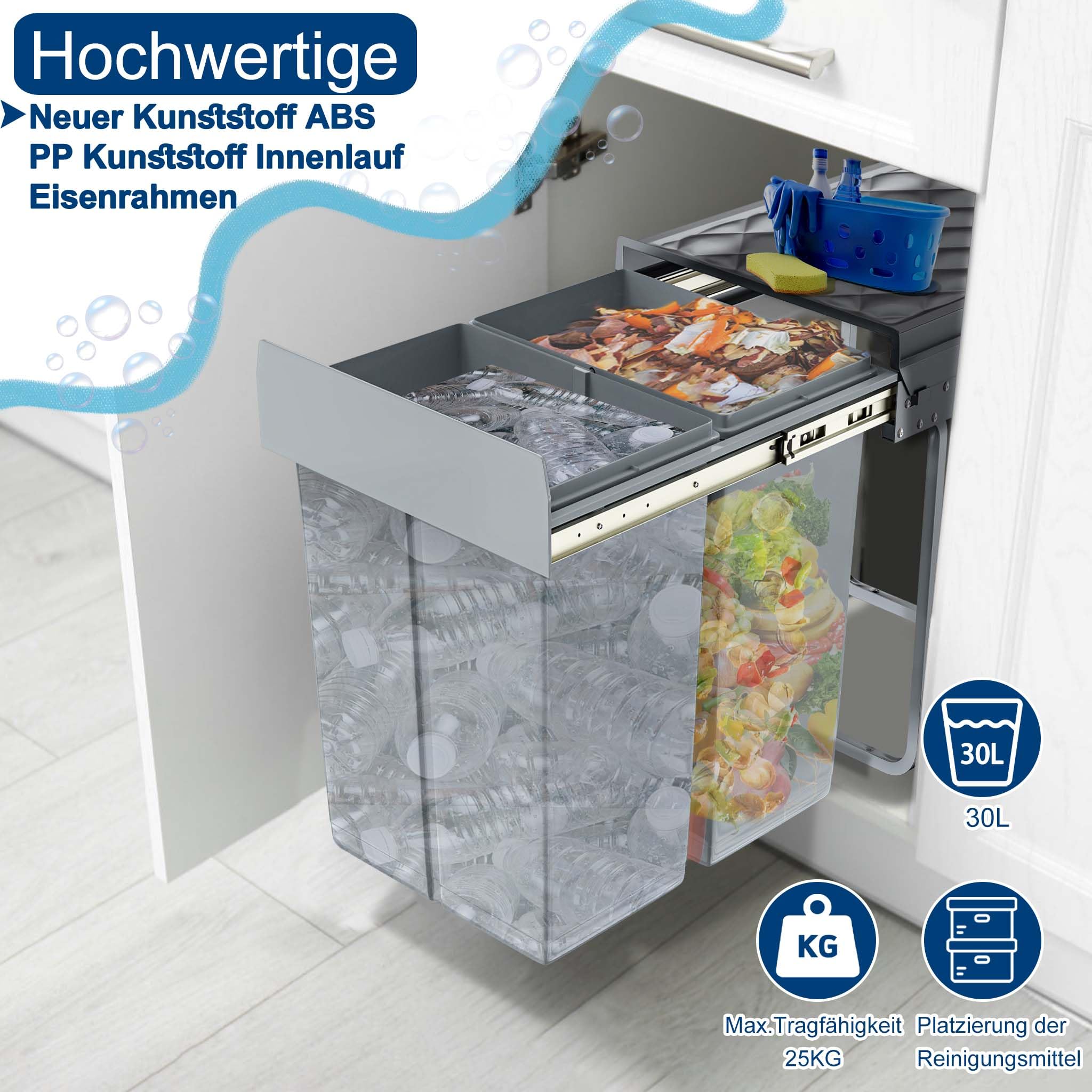 AufuN Einbaumülleimer Abfallsammler Mülleimer Küche Unterschrank Auszug | Mülltrennungssystem mit Deckel Fächer Ausziehbar, Vollauszug mit Teleskopschienen Einbau-Mülleimer, Grau (2x15L)