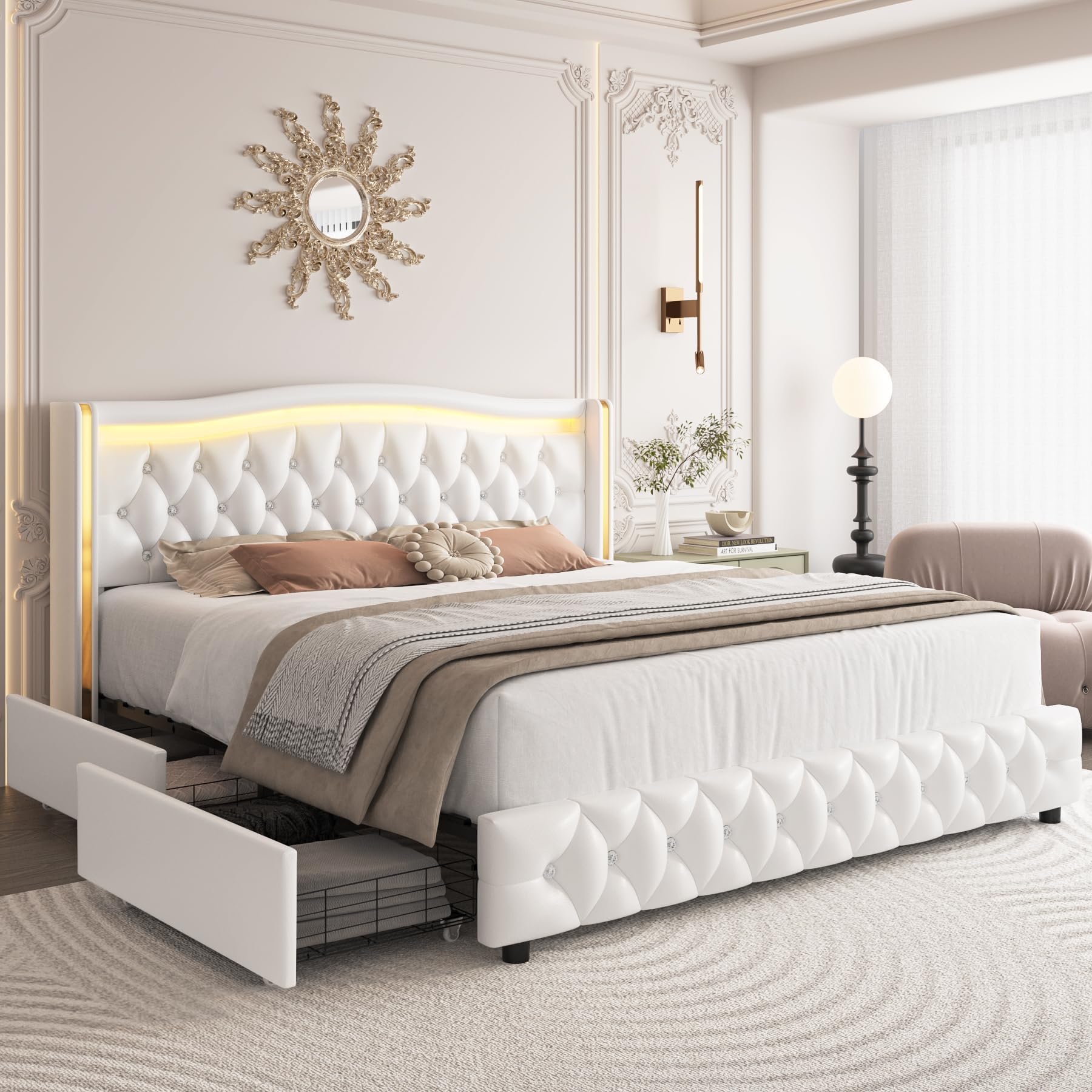 HIFIT Full Size LED Bed Frame with 4 Storage Drawers & Crystal Button-Tufted Wingback Headboard, Modern PU Upholstered Platform Bed Frame with No Box Spring Needed, Easy Assembly, White