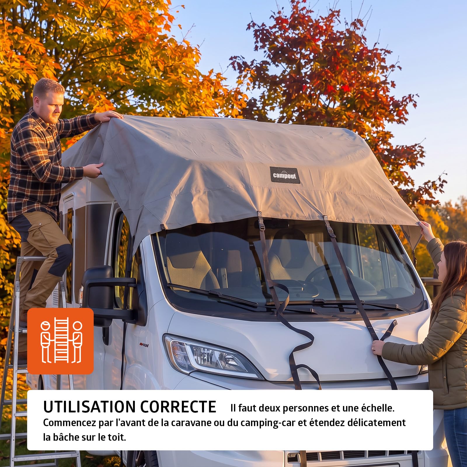 Campout Toiture pour Caravane et Camping-Car 7,5 x 3 m – Protection de Toit – Housse pour Caravane – Respirante 3 Couches SFS Non-tissé PP 160g/m² – 11 Sangles en polypropylène –