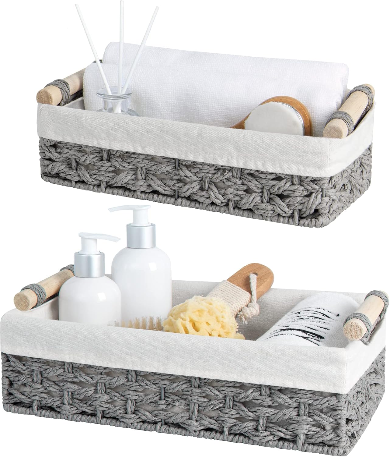 StorageWorks Small Baskets for Organizing, Wicker Bathroom Basket for Toilet Tank Top with Liner, Natural Water Hyacinth, Set of 2