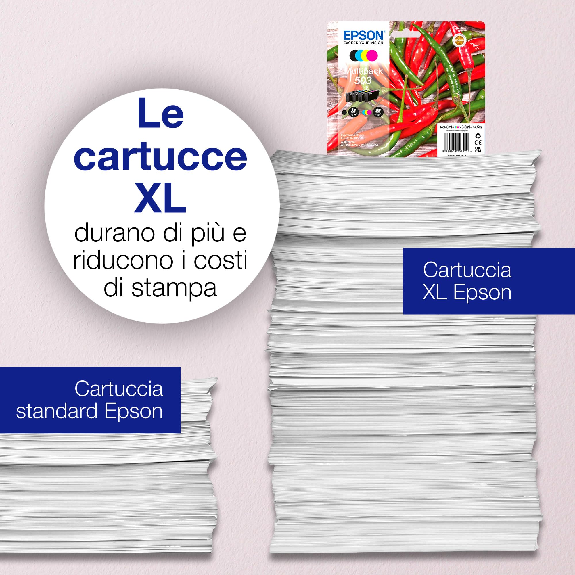 Epson 503XL Serie Peperoncini,Cartucce per stampante getto d'inchiostro, Multipack 4 colori (Nero, Ciano, Magenta, Giallo), Formato XL, Stampe affidabili casa e ufficio, Confezione Retail,C13T09R64010
