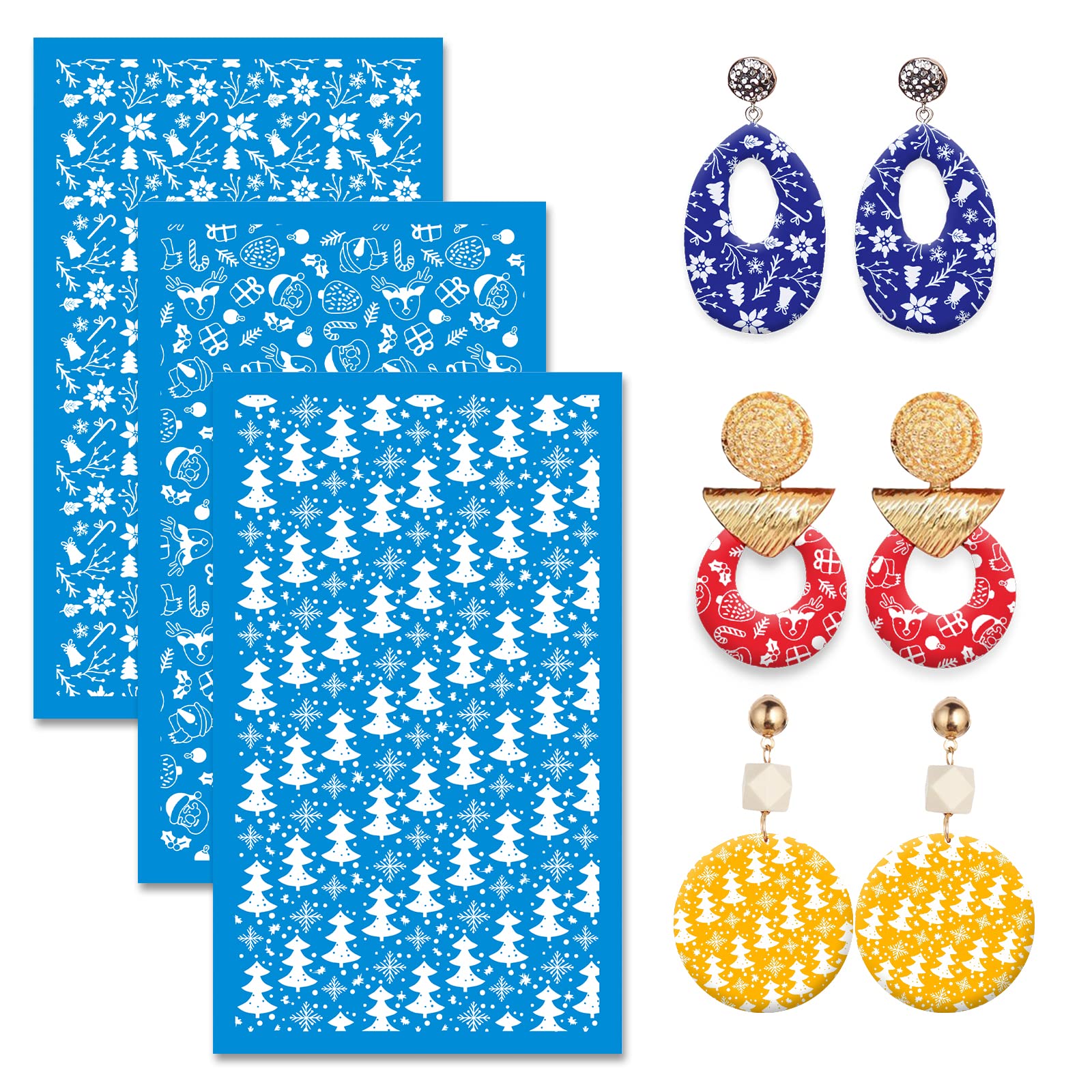 MEMOVAN Christmas Silk Screen Stencils for Polymer Clay 3pcs Reusable Holiday Silk Screen for Polymer Clay Cutters Printing on Clay for Jewelry Making Supplies Christmas Earring Decoration
