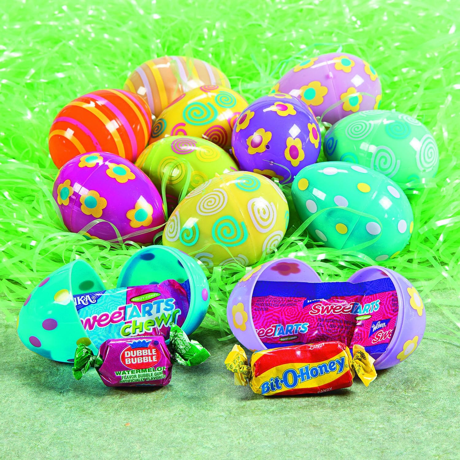Fun Express Candy Filled Easter Eggs Bulk 24 Pack - Pre-Filled Plastic Eggs with Assorted Sweet Treats for Easter Egg Hunt | Colorful Spring Party Supplies for Kids & Family Celebrations