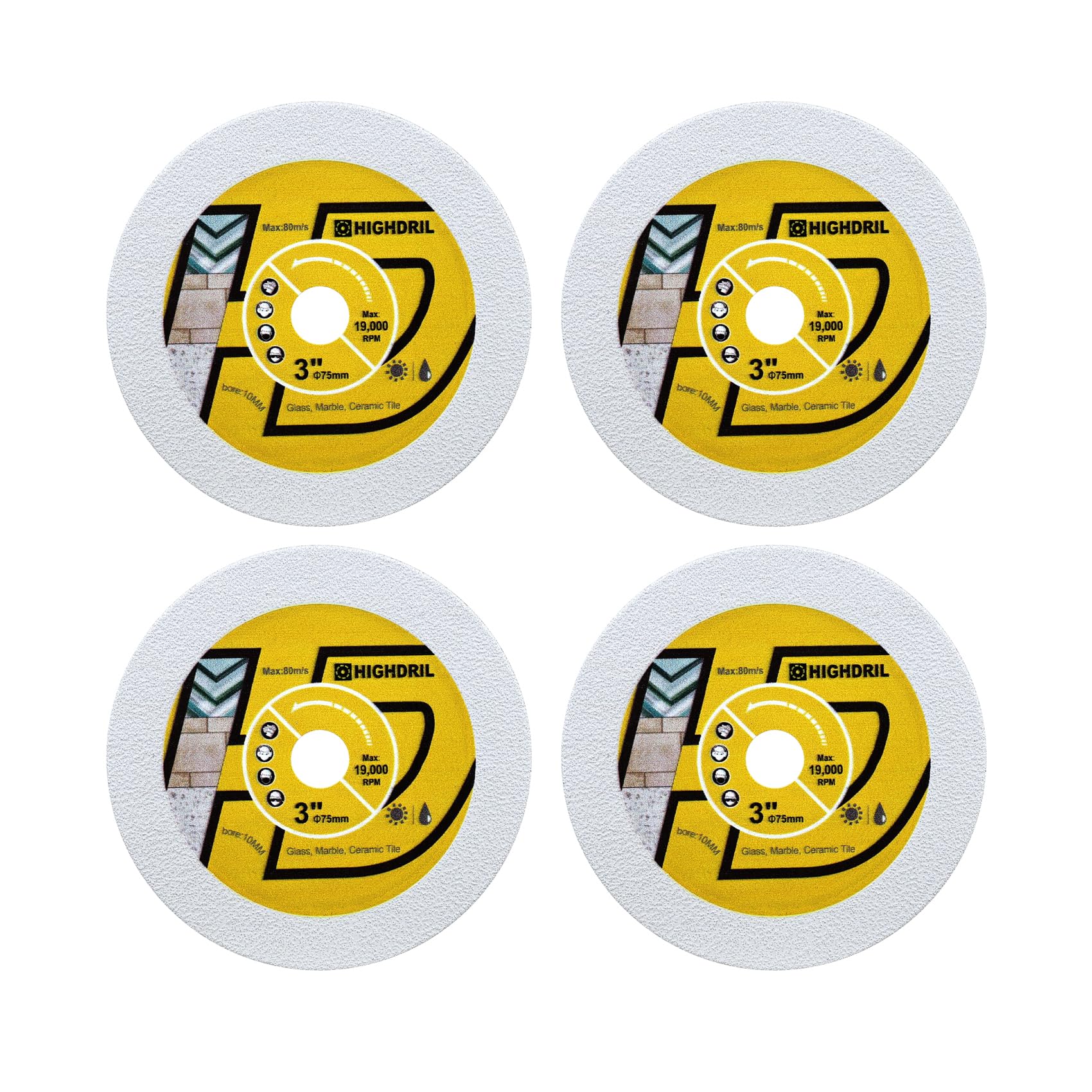 HIGHDRIL Diamant Glas Trennscheibe 75mm x Arbor 10mm - 4 Stk. Kreissägeblatt zum Schneiden von Glas Marmor Fliesen Jade Kristall Weinflasche