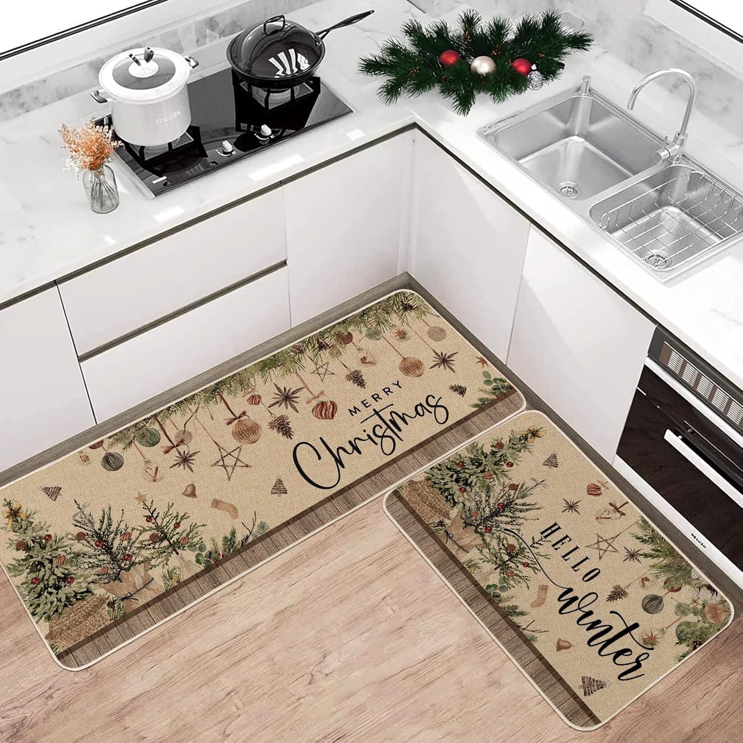 Moutina Holly Ornaments Merry Christmas Kitchen Rugs Set of 2, Hello Winter Home Decor Low-Profile Kitchen Mats for Floor - 17x29 and 17x47 Inch