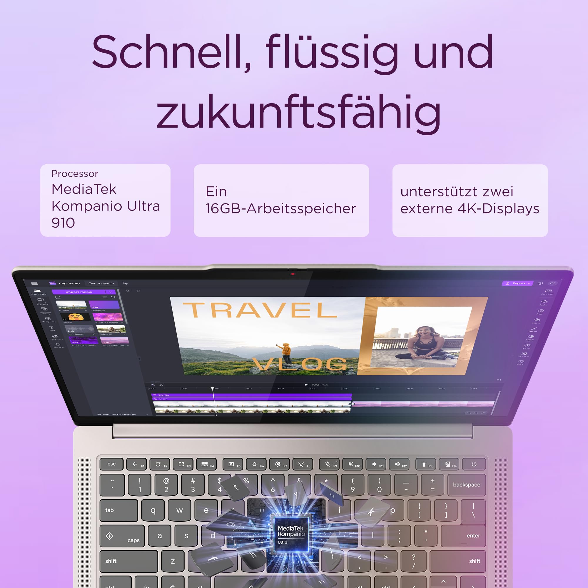 Lenovo Chrome Laptop | 14"WUXGA OLED Touch Display | MediaTek Kompanio Ultra 910 | 16GB RAM | 256GB SSD | ARM Immortalis G925 MC1 Grafik | ChromeOS | QWERTZ | Beleuchtet | Grau | 3 Monate Premium Care