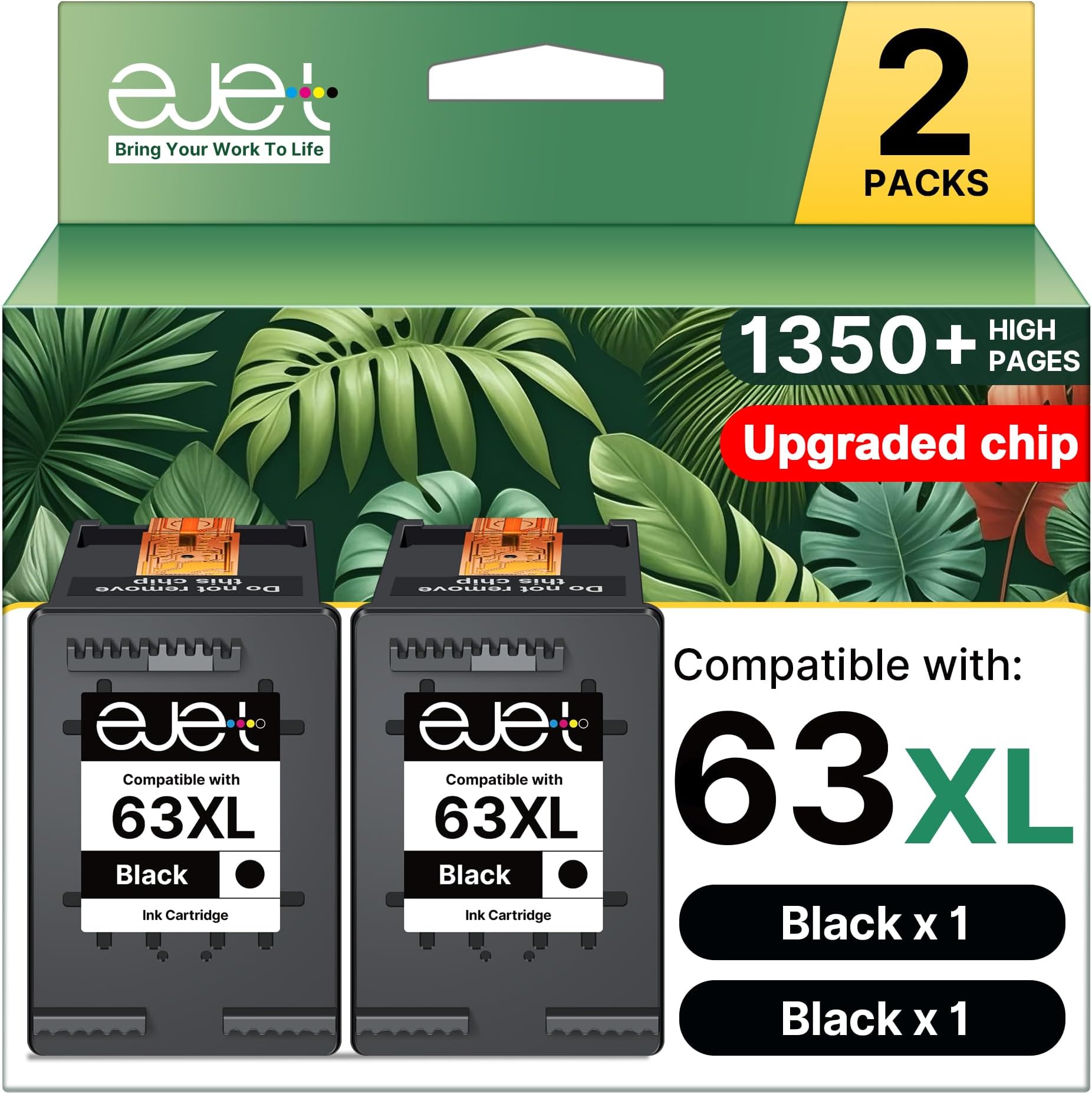 63XL Black Ink Cartridge Replacement for HP Ink 63 for HP 63 Black Ink Cartridge Work with Officejet 3830 4650 4652 4655 5200 5252 5255 5258 Envy 4520 4512 1112 2132 3630 3632 Printers (2 Pack)
