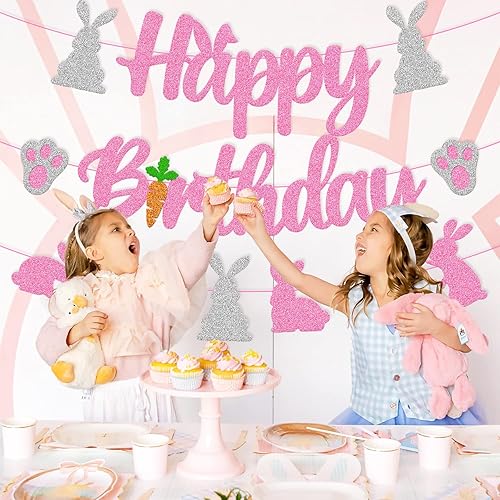 Miniatura 7 de Cartel de cumpleaños de conejo, decoraciones de fiesta de cumpleaños, orejas de conejo, zanahoria, día de Pascua, tema para niños y niñas,