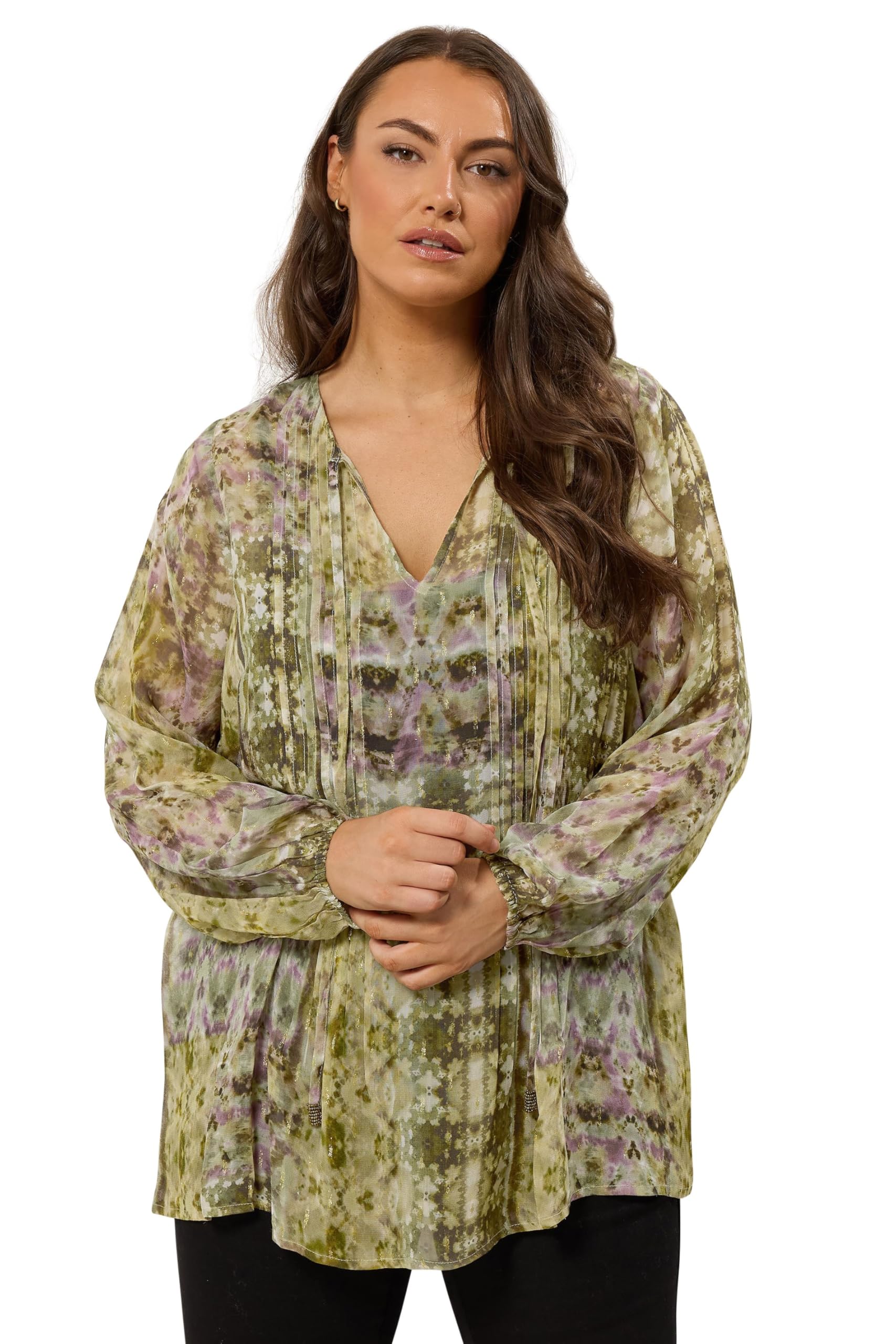 Evans Women's Green Curve Mixed Print Tie Neck Blouse - Plus Size Curve