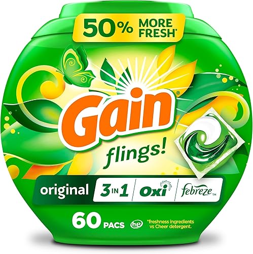 Gain Flings! Jabón de detergente para ropa compatible con HE 60 unidades, aroma de larga duración, aroma original