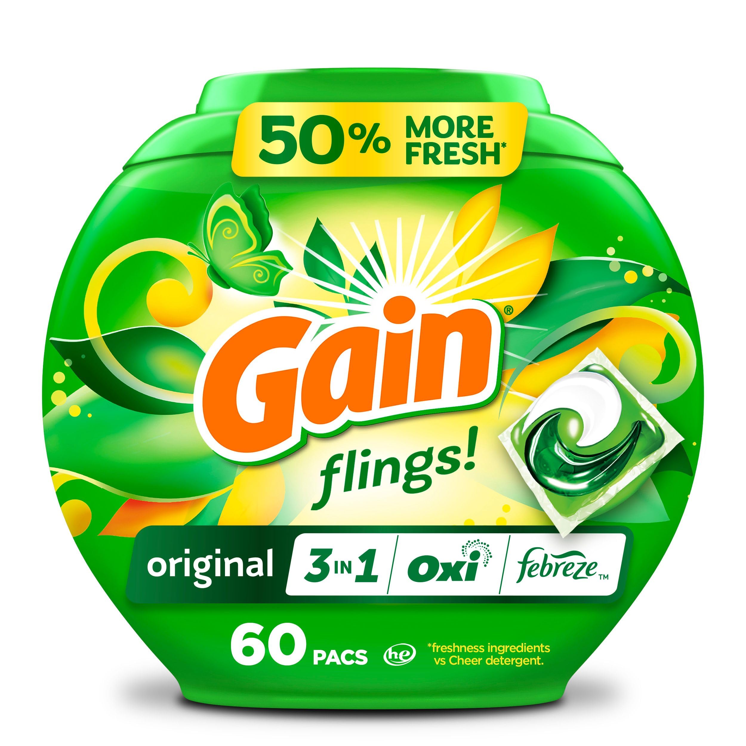 Gainflings! Laundry Detergent Soap Pacs HE Compatible 60 ct Long Lasting Scent Original ScentGreenCircle Certified: Certified Energy Savings