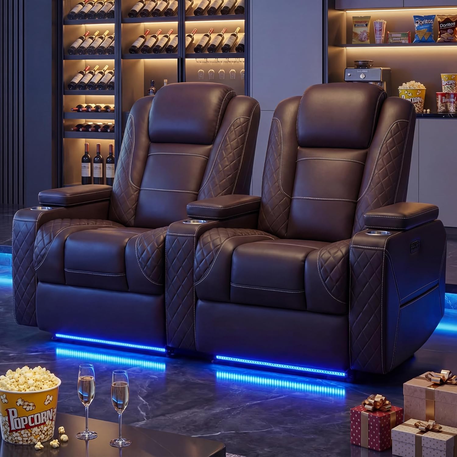 URRED Home Theater Seating with LED Ambient Light, Dual Motor Power Loveseat Recliner Sofa with Adjustable Headrest, Movie Theater RV Recliner Couch with with USB Charging Port for Living Room, Brown