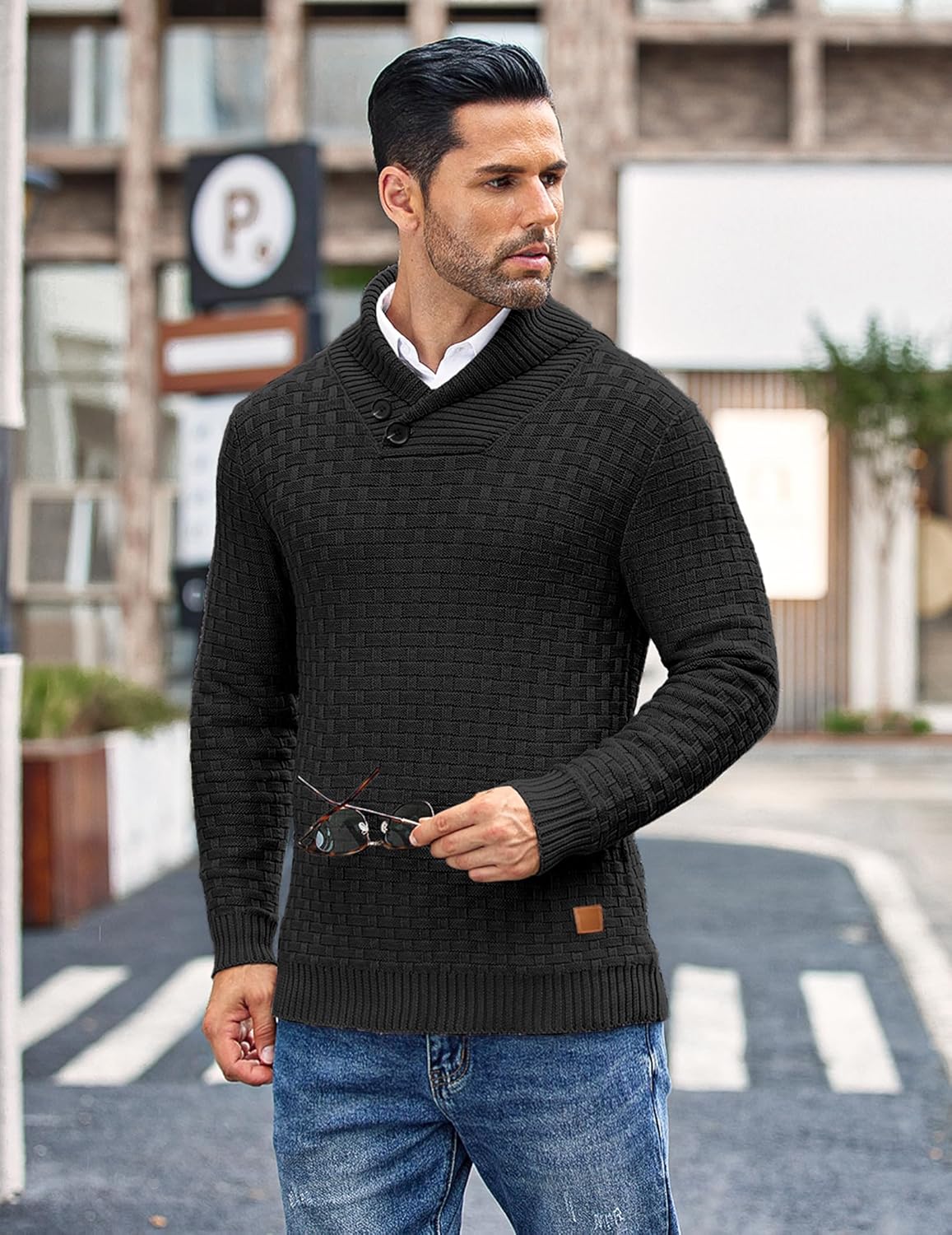 COOFANDY Men's Shawl Collar Pullover Sweater Casual Slim Fit Button Textured Knit Sweaters - Image 6