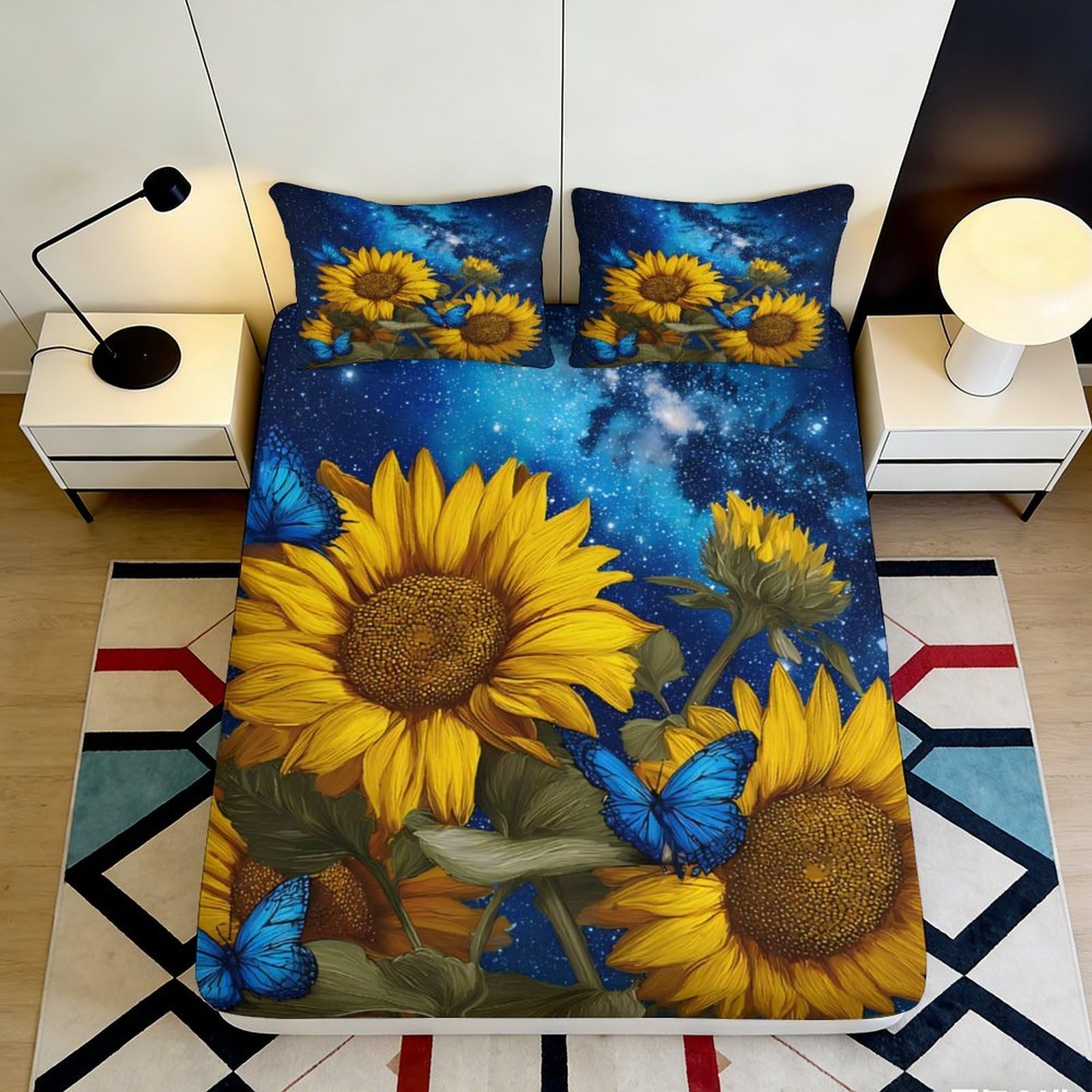 3D Printed Sunflower Butterfly Fitted Sheet Microfiber Deep Pocket Bed Sheet for Bedroom Dorm Mattress Cover Decor 120x200x25cm