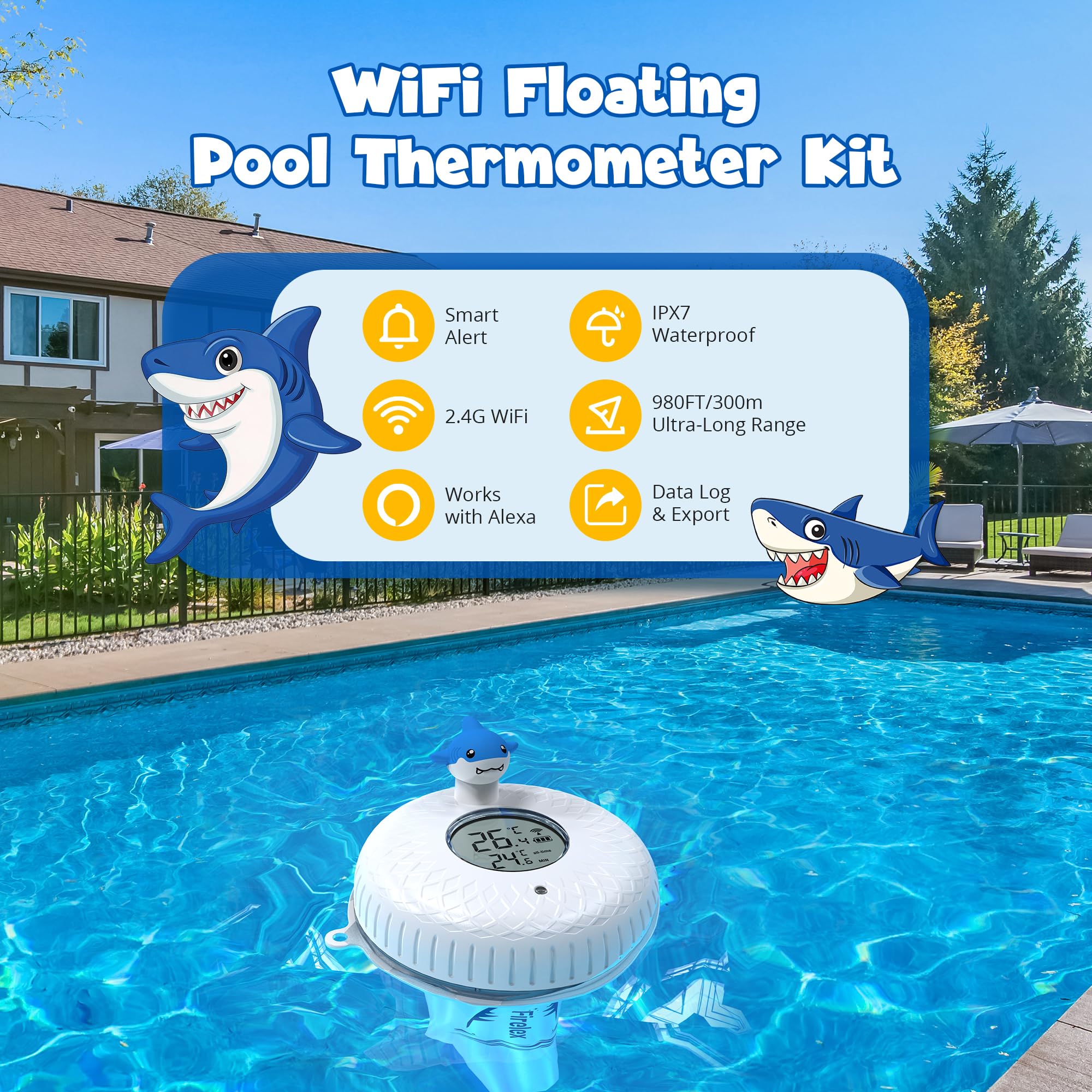 WLAN Pool Thermometer Funk Schwimmend mit Gateway, Smart App Benachrichtigung 2,4 GHz, Digitales Poolthermometer für Alexa Sprachsteuerung, Wasserthermometer für Pool, Whirlpool, Spa, Teich