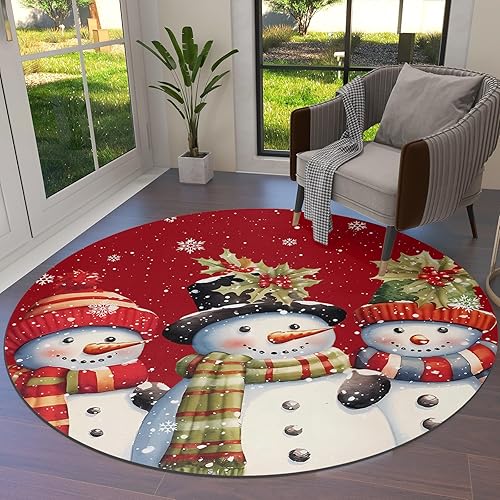 Alfombra redonda de muñeco de nieve roja de 6 pies, lavable para interiores y exteriores, para dormitorio, cocina, baño, sala de estar, comedor,