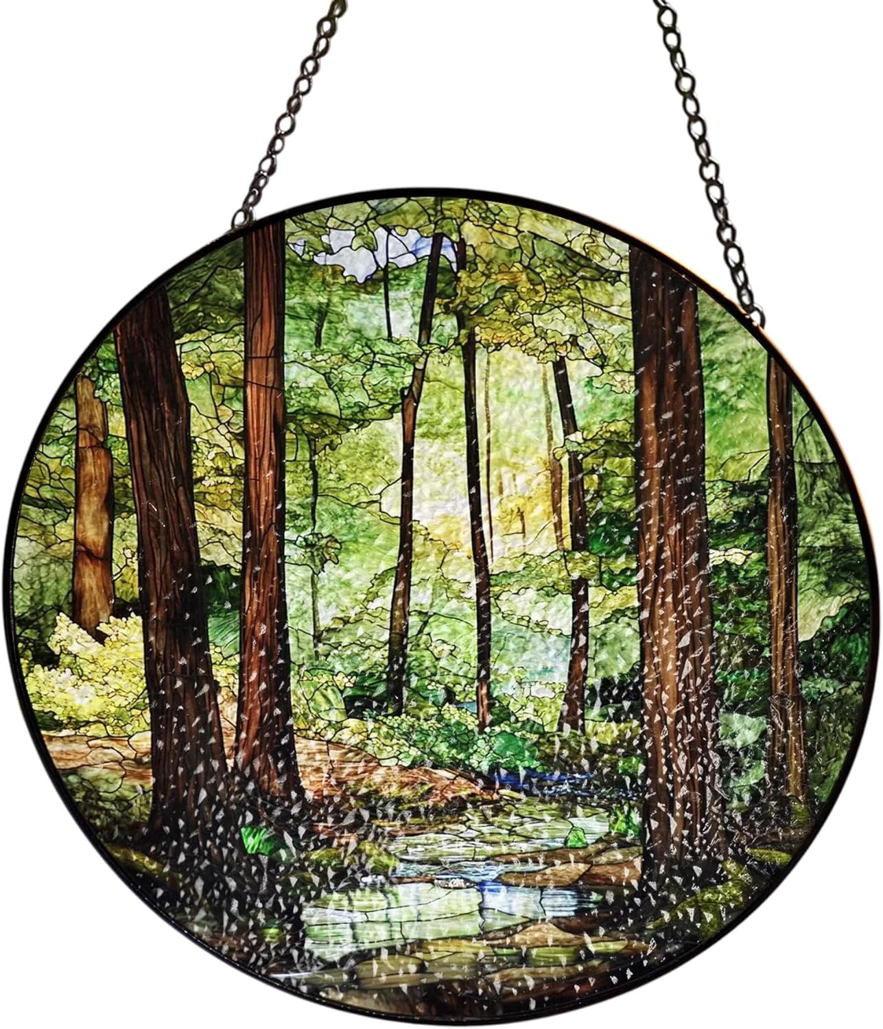 Forest Stream Stained Glass Window Panel | Nature-Inspired Woodland Art Decor, Tranquil Home Accent, Unique Gift (7.8)