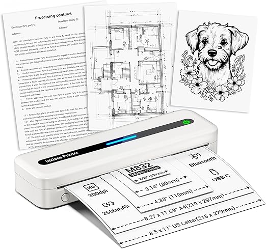 Portable Printers Wireless for Travel, Inkless Thermal Printer, Bluetooth Printer Supports 8.5" X 11" US Letter & A4 & 2/3/4in Thermal Paper, Compatible with iOS Android Phone iPad Laptop
