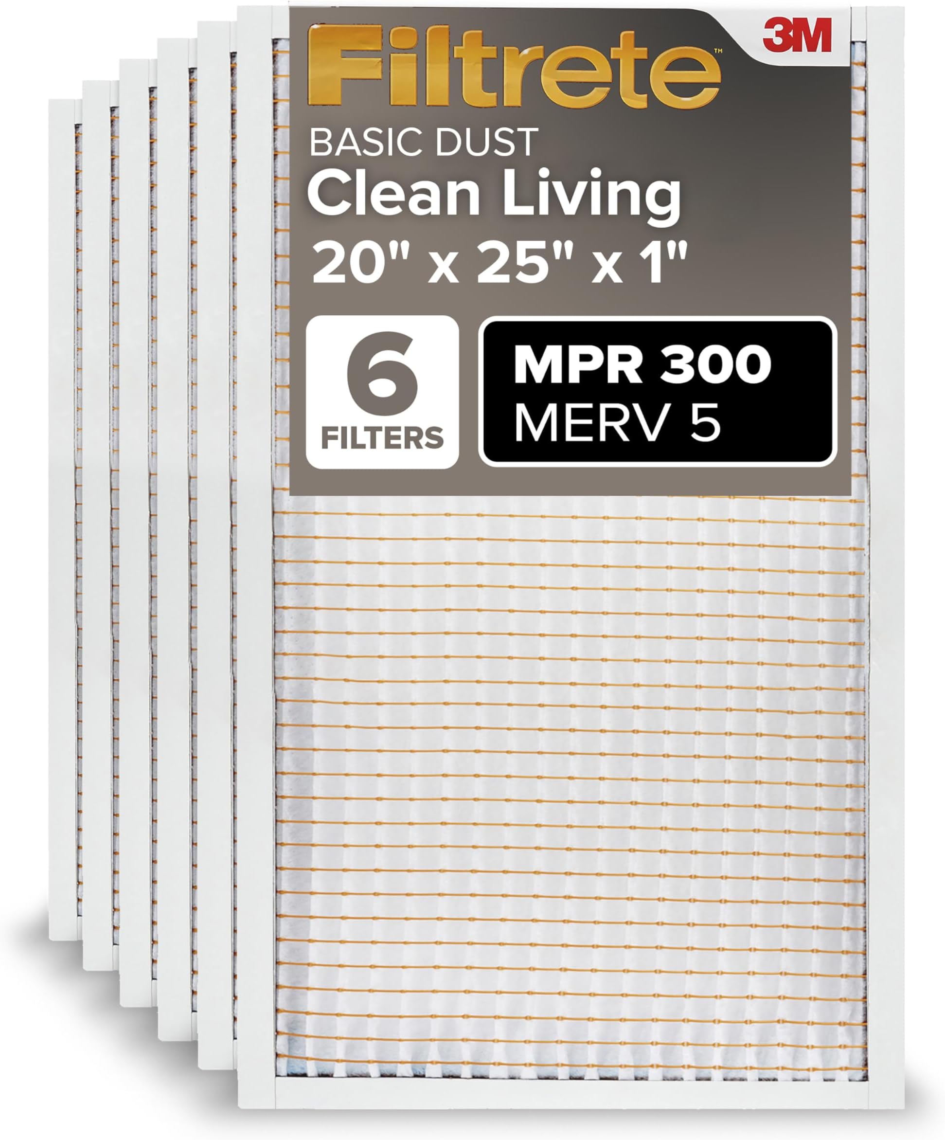 Filtrete 20x25x1 Air Filter MERV 5, 6-Pack AC Furnace HVAC Filters for Home, MPR 300 Basic Dust Defense, Pleated Electrostatic Removes Lint & Dust (Actual Size 19.69x24.69x0.81 in)