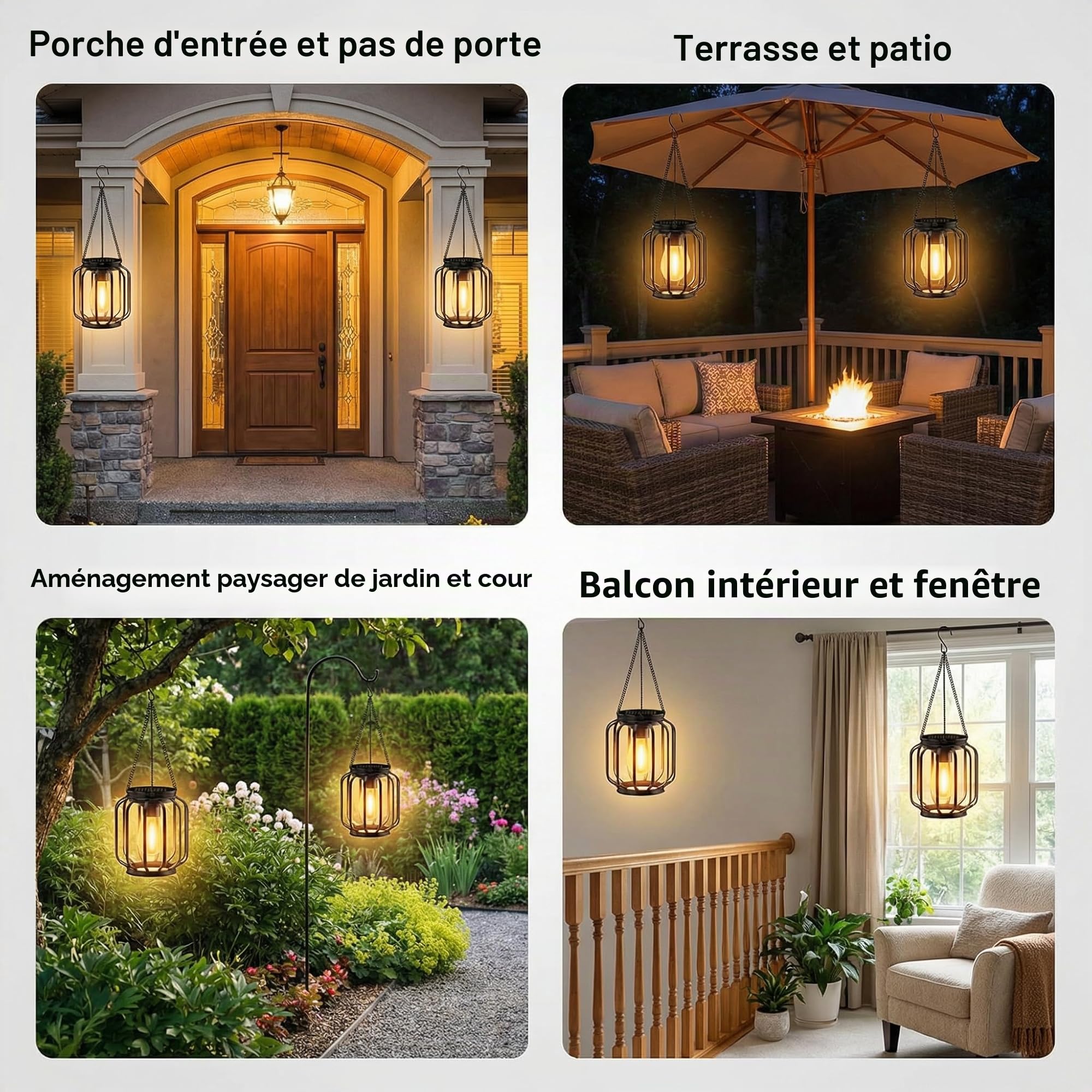 Lanterne Solaire Exterieur Jardin 2 Pièces Suspension Métal IP65 Étanche avec Crochets Chaînes