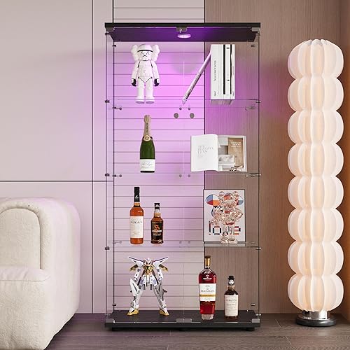 Miniatura 172 de Vitrina de cristal con 4 estantes con tira de luces LED y cerradura, vitrina de vitrina con ruedas y 1 puerta, vitrina de vidrio templado para sala