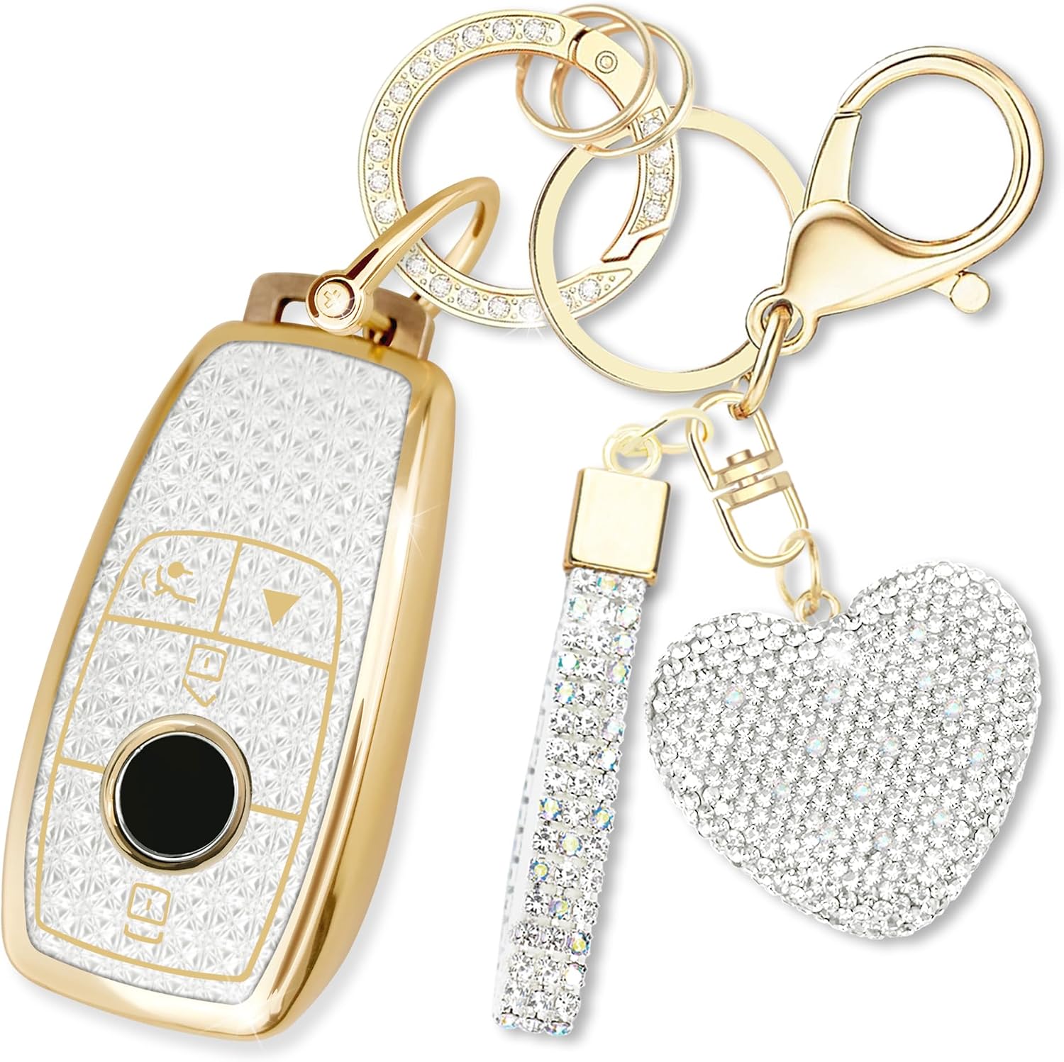 Key Fob Cover with Diamond Keychain for Mercedes Benz Women Car Key Shell Compatible with Benz 2017-2021 E-Class 2018-2021 S-Class 2019-2021 A-Class C-Class G-Class (4 Buttons-Gold Heart)