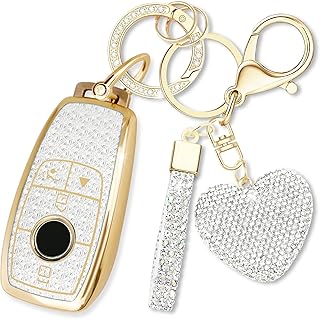 Key Fob Cover with Diamond Keychain for Mercedes Benz Women Car Key Shell Compatible with Benz 2017-2021 E-Class 2018-2021 S-Class 2019-2021 A-Class C-Class G-Class (4 Buttons-Gold Heart)
