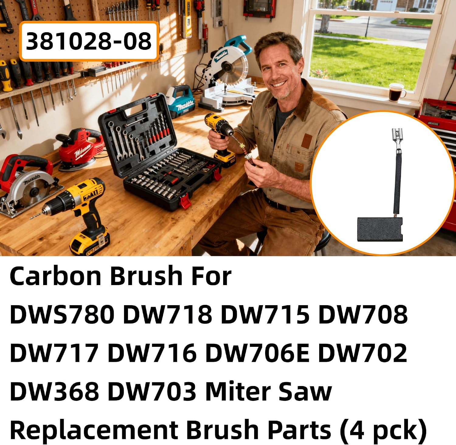 4 Pack 381028-08 381028-02 Carbon Brush Compatible wit Dewalt DW702 DW703 DW706E DW708 DW715 DW716 DW717 DW718 DWS780 DW744X | Miter Saws Table Saws Circular Saw - Replaces 381028-02